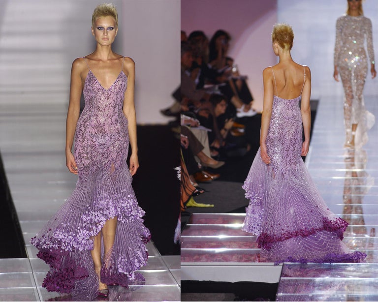 Atelier Versace Couture F/W01 purple black silver sequin low cut silk dress  gown For Sale at 1stDibs | versace purple dress, purple and silver dress,  purple and black sequin dress