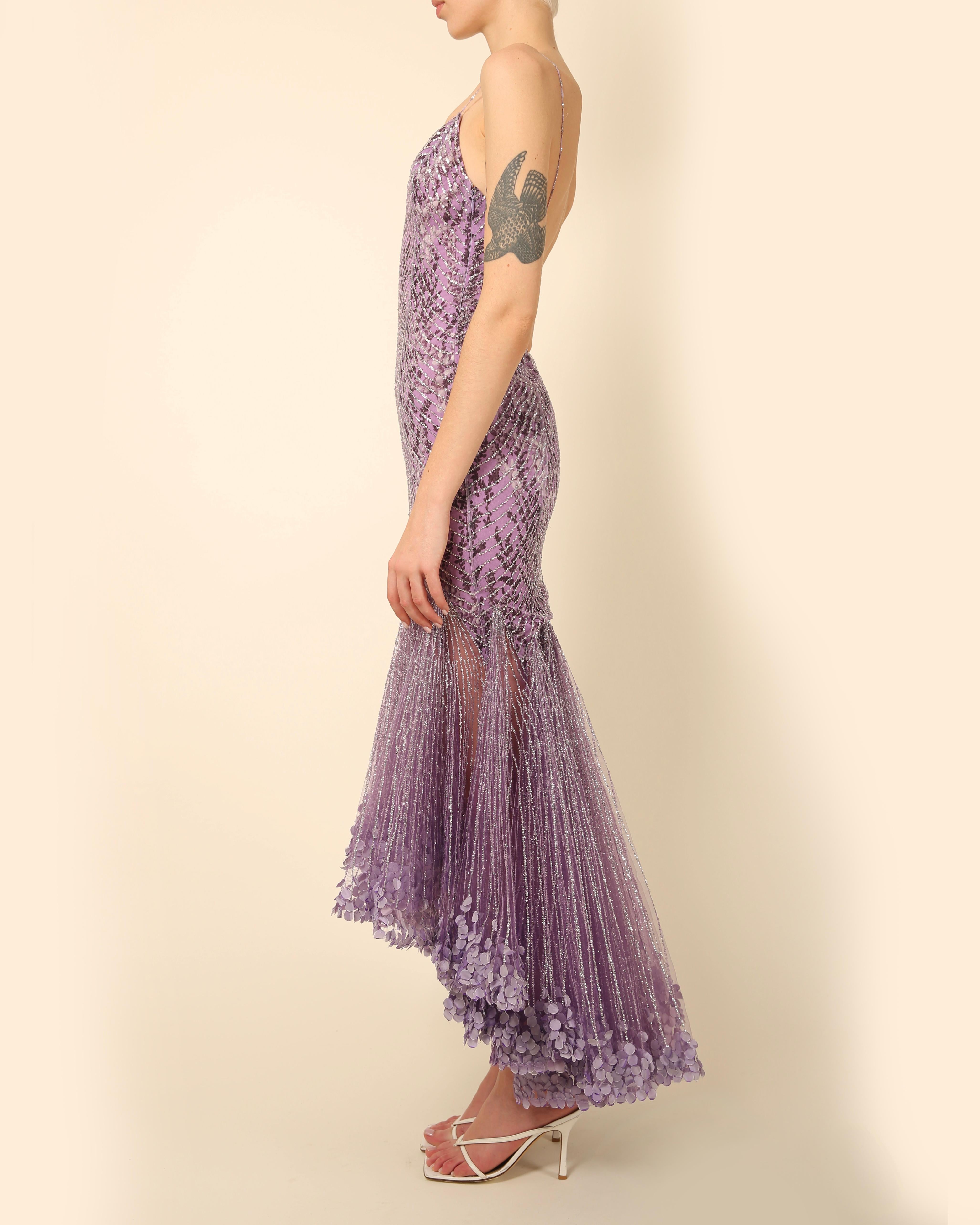 Gray Atelier Versace Couture F/W01 purple black silver sequin low cut silk dress gown