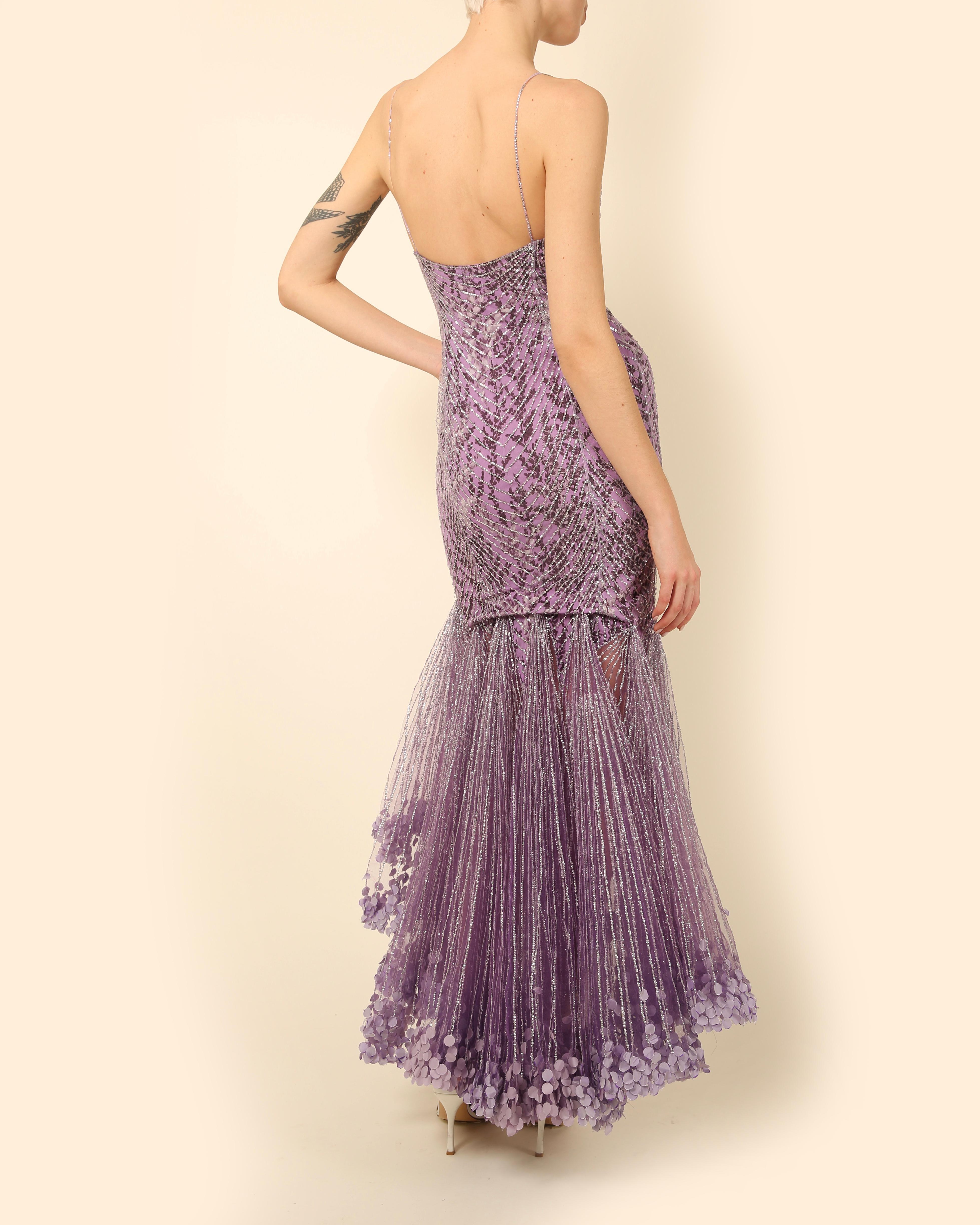Atelier Versace Couture F/W01 purple black silver sequin low cut silk dress gown In Excellent Condition In Paris, FR