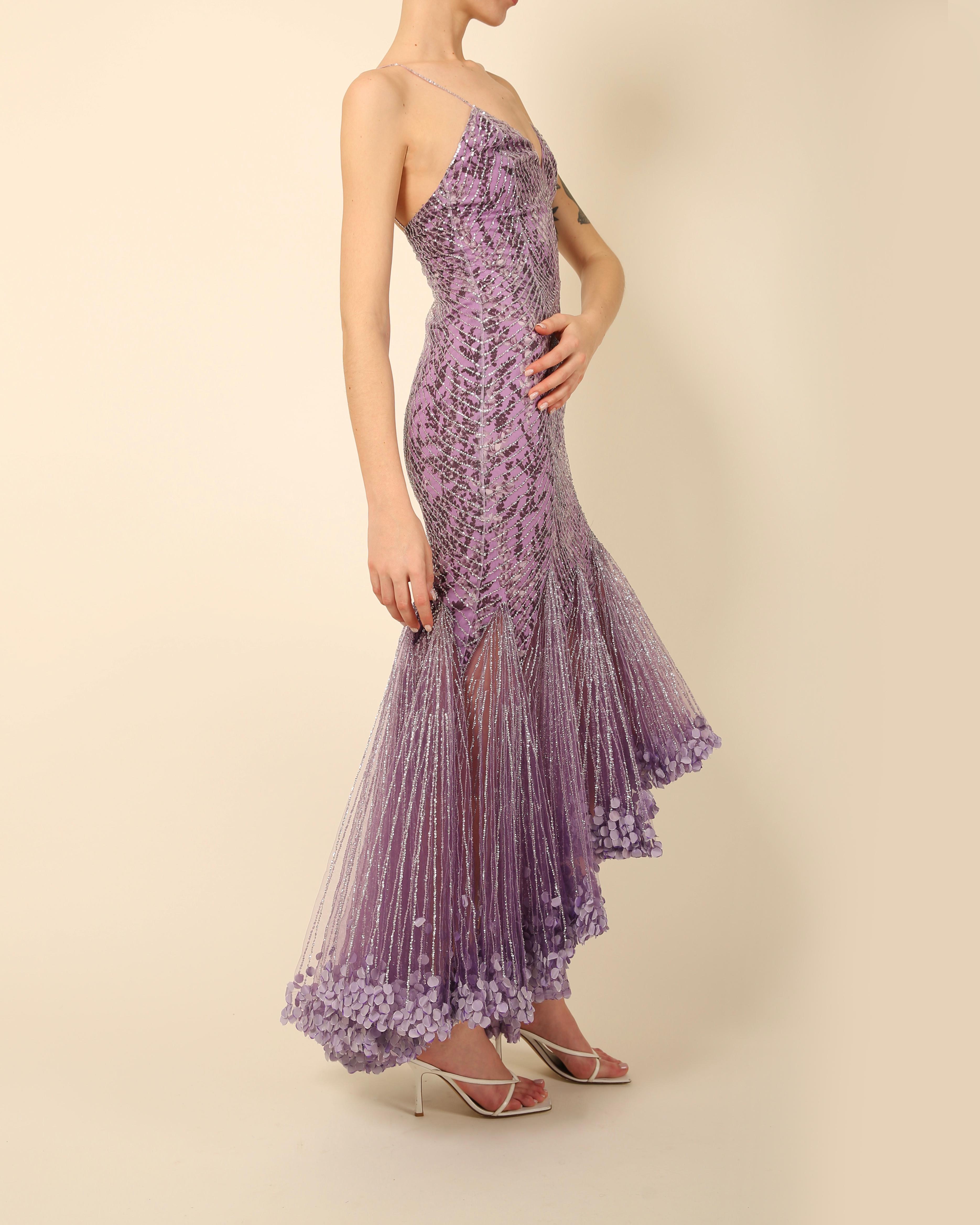 Women's Atelier Versace Couture F/W01 purple black silver sequin low cut silk dress gown
