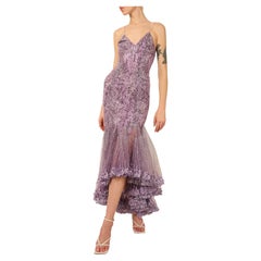 Atelier Versace Couture F/W01 purple black silver sequin low cut silk dress gown