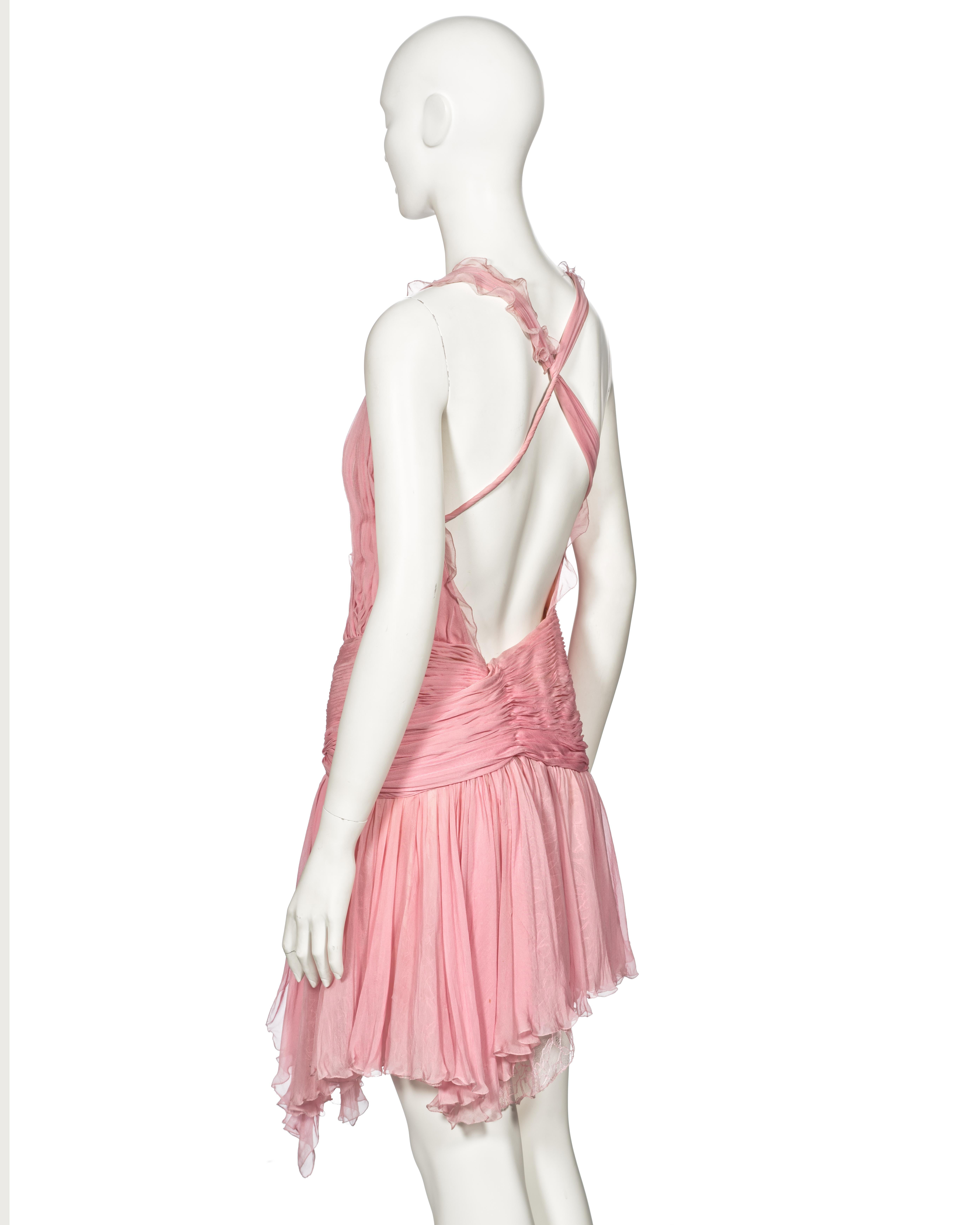 Atelier Versace Couture Pink Pleated Silk and Lace Mini Dress, ss 2004 For Sale 5