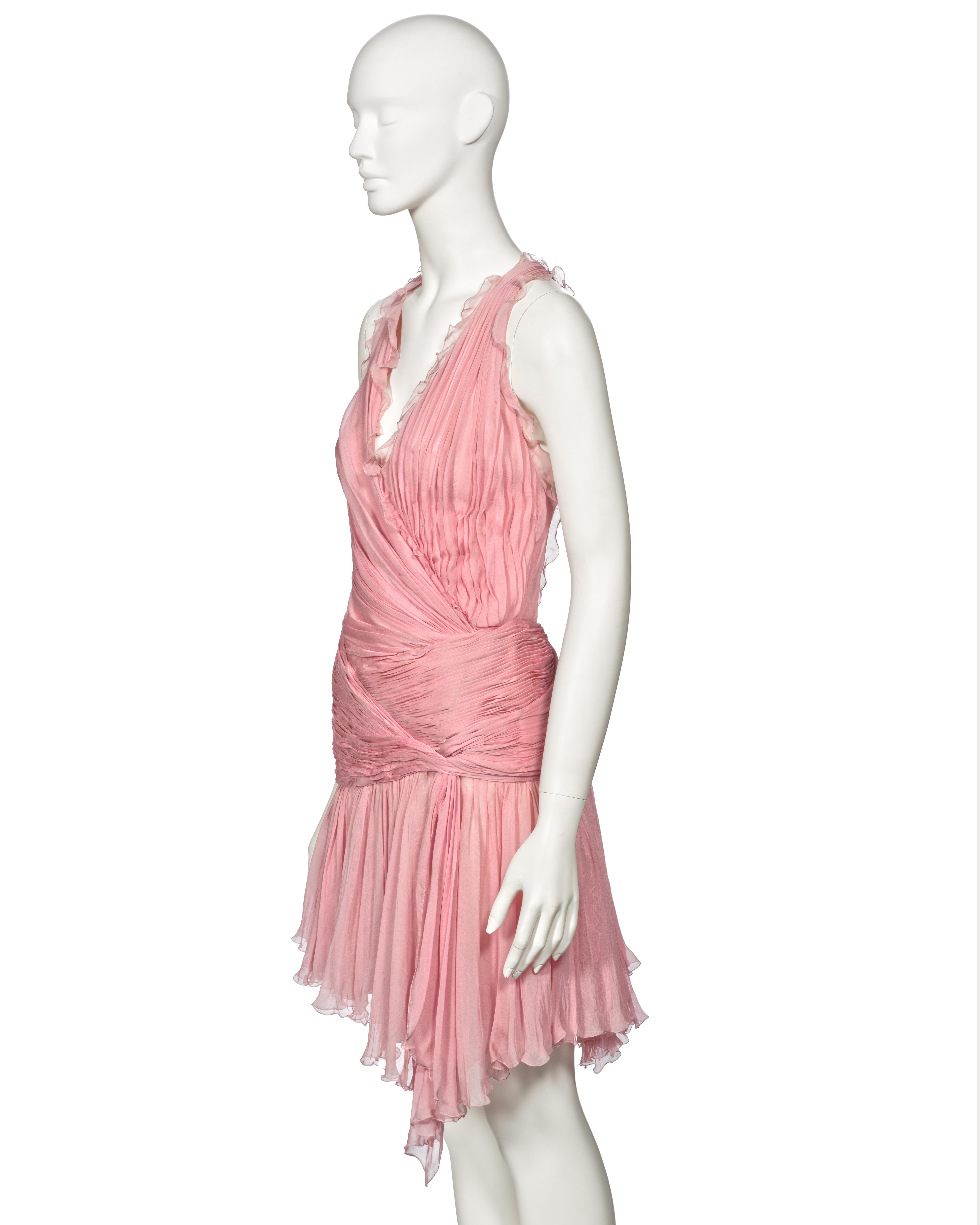 Atelier Versace Couture Pink Pleated Silk and Lace Mini Dress, ss 2004 For Sale 7