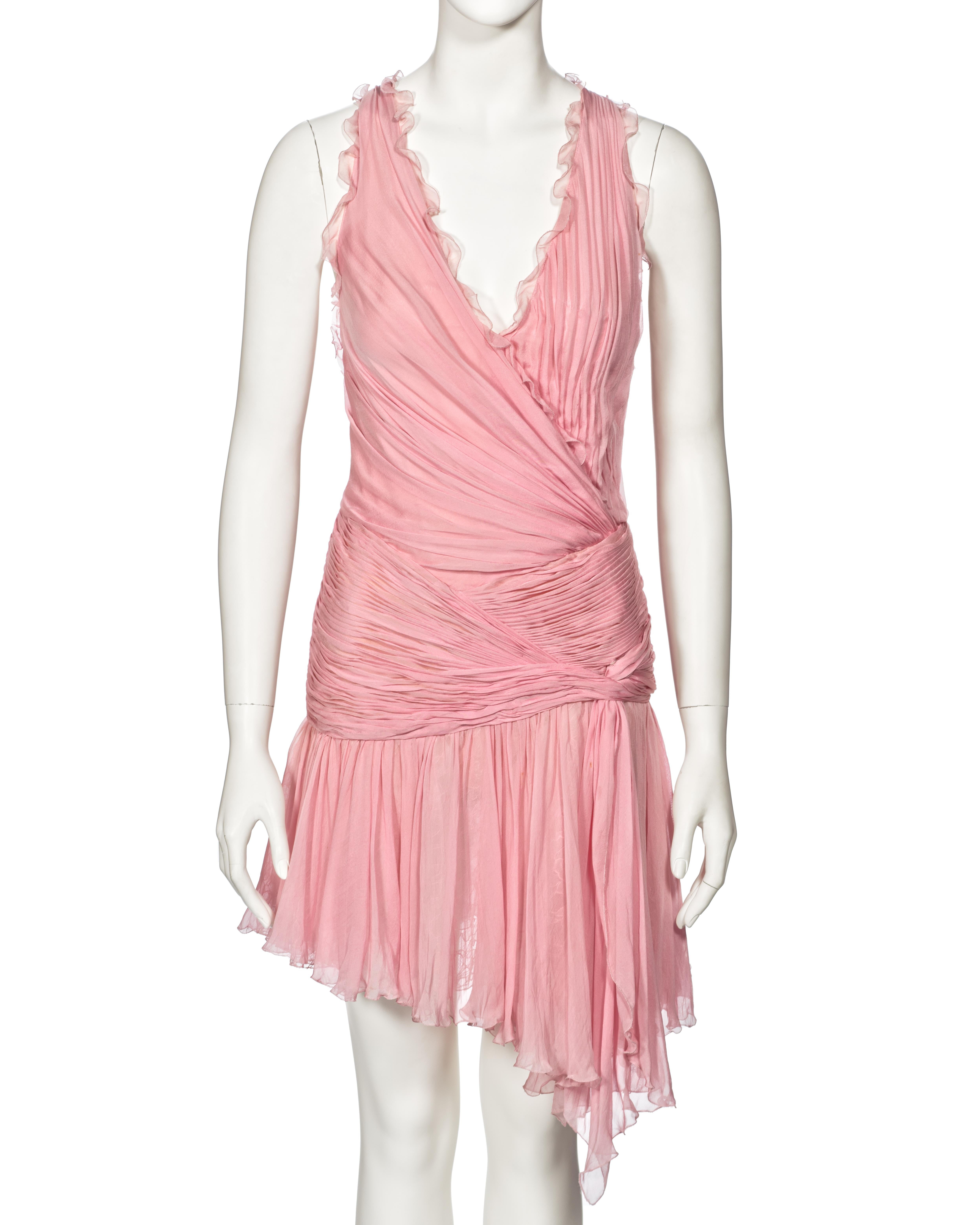 Women's Atelier Versace Couture Pink Pleated Silk and Lace Mini Dress, ss 2004 For Sale