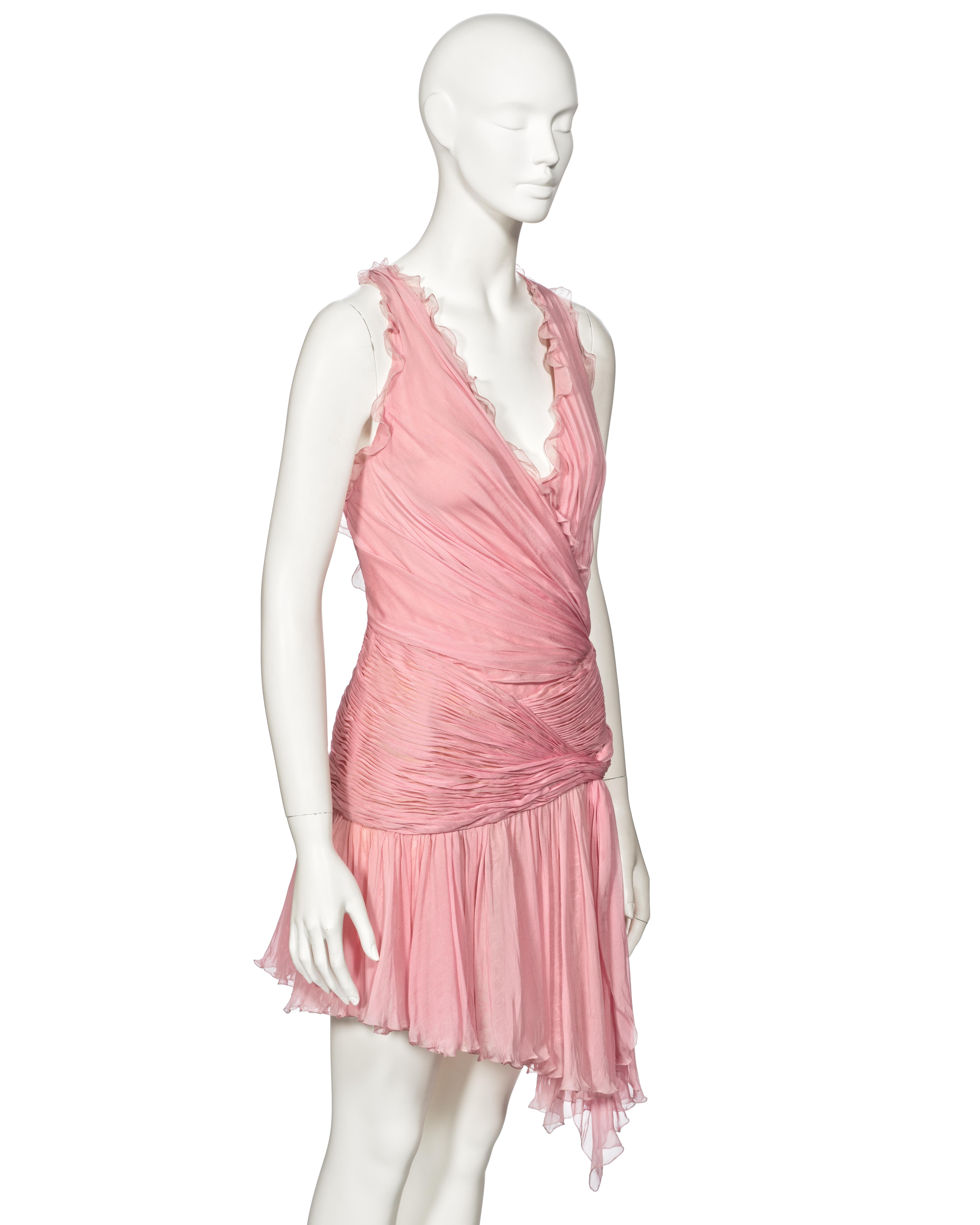 Atelier Versace Couture Pink Pleated Silk and Lace Mini Dress, ss 2004 For Sale 1