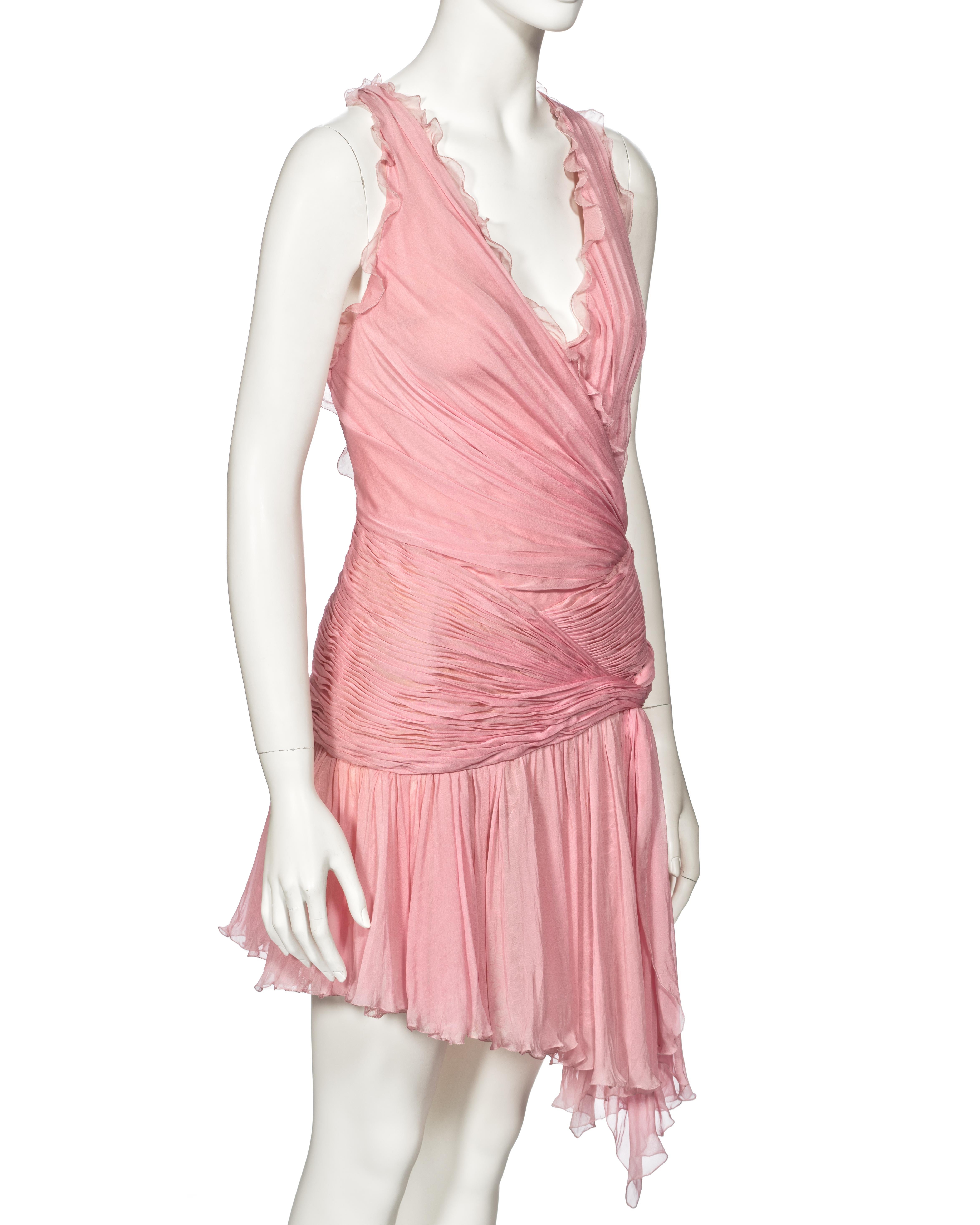 Atelier Versace Couture Pink Pleated Silk and Lace Mini Dress, ss 2004 For Sale 2