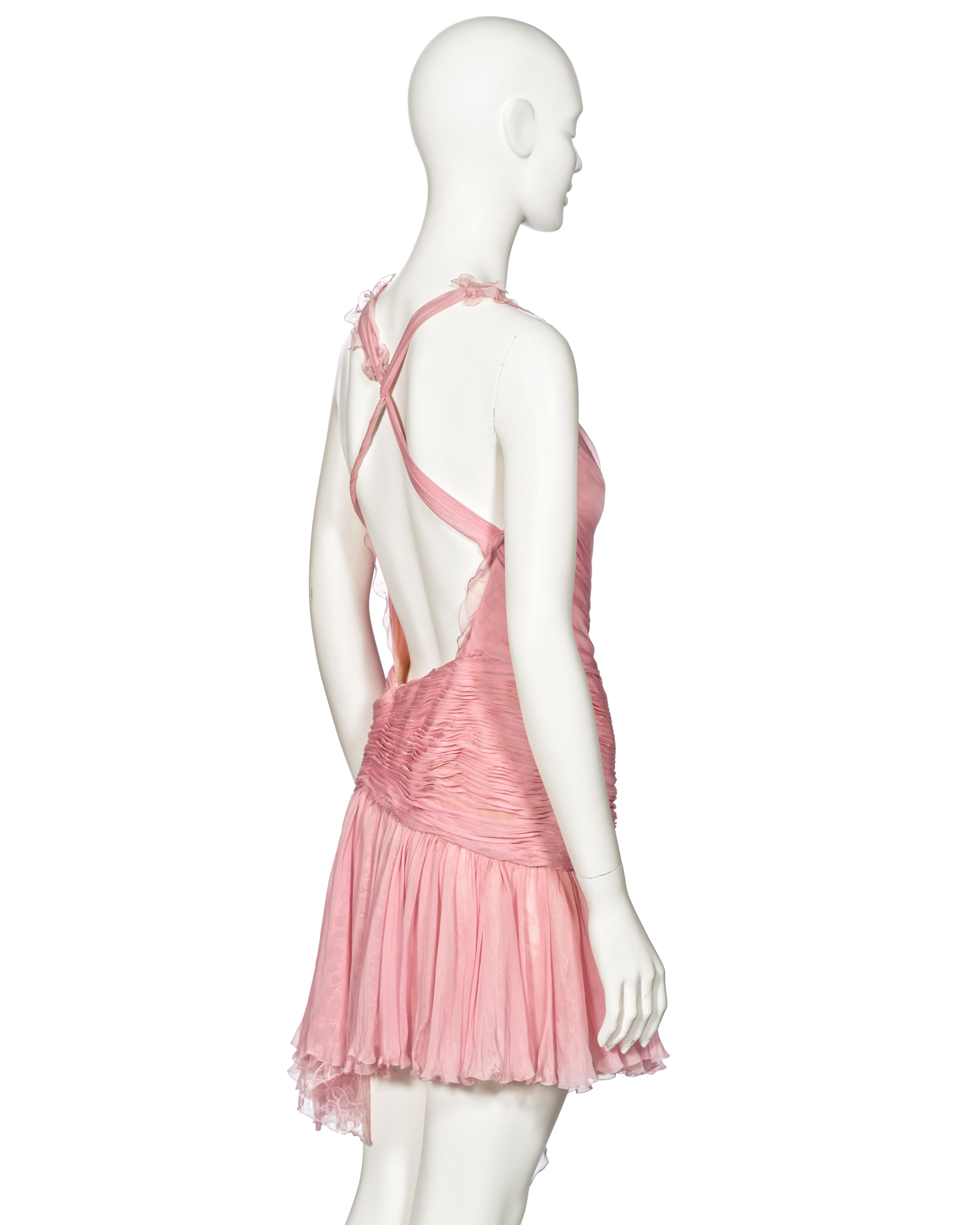 Atelier Versace Couture Pink Pleated Silk and Lace Mini Dress, ss 2004 For Sale 3