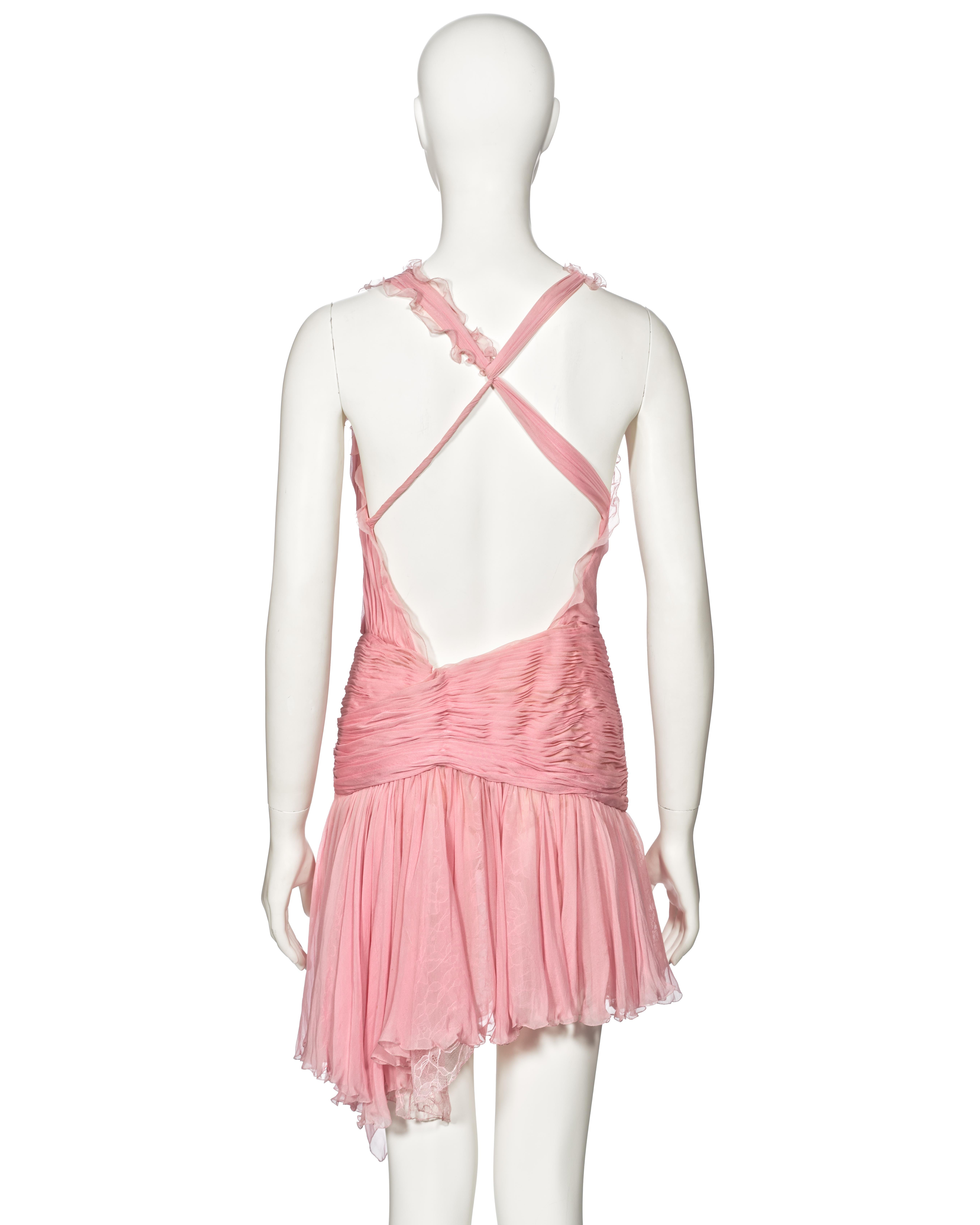 Atelier Versace Couture Pink Pleated Silk and Lace Mini Dress, ss 2004 For Sale 4