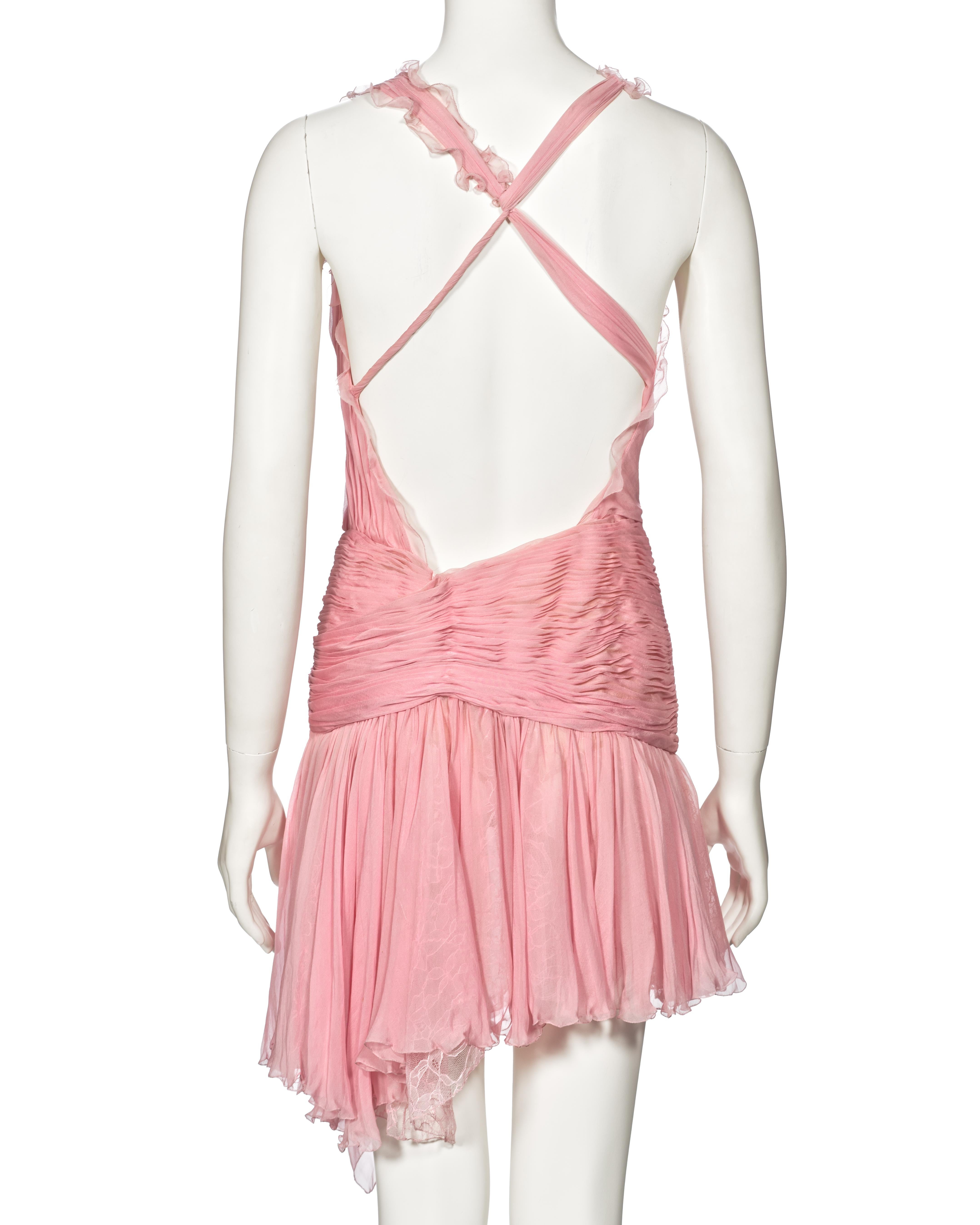Atelier Versace Couture Pink Pleated Silk and Lace Mini Dress, ss 2004 For Sale 5