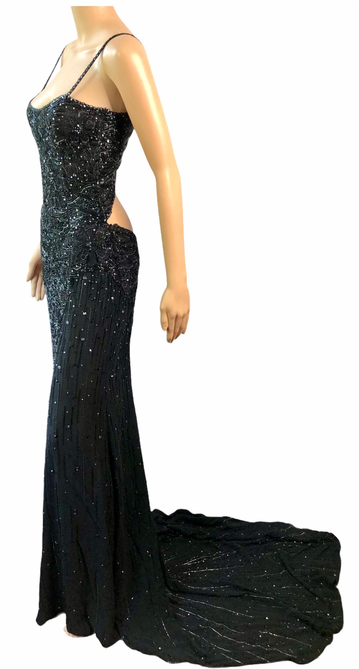Atelier Versace Haute Couture F/W 1998 Swarovski Crystal Embellished Cutout Open Back Long Train Black Evening Dress Gown Size IT 42
