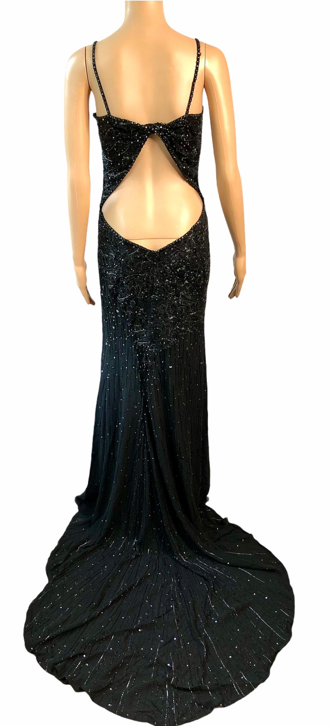 Black Atelier Versace Haute Couture F/W 1998 Crystal Embellished Cutout Train Gown For Sale