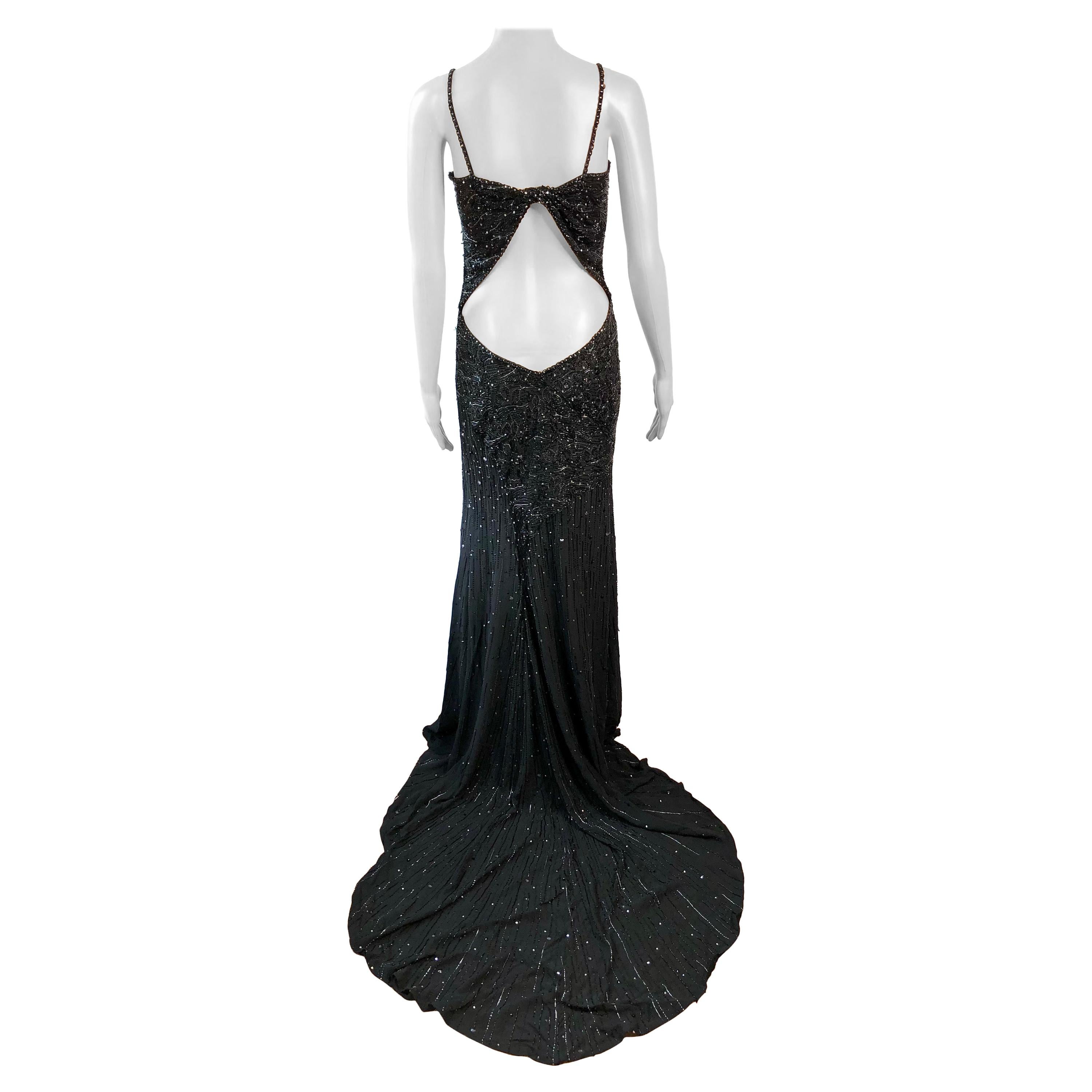 Atelier Versace Haute Couture F/W 1998 Crystal Embellished Cutout Train Gown For Sale