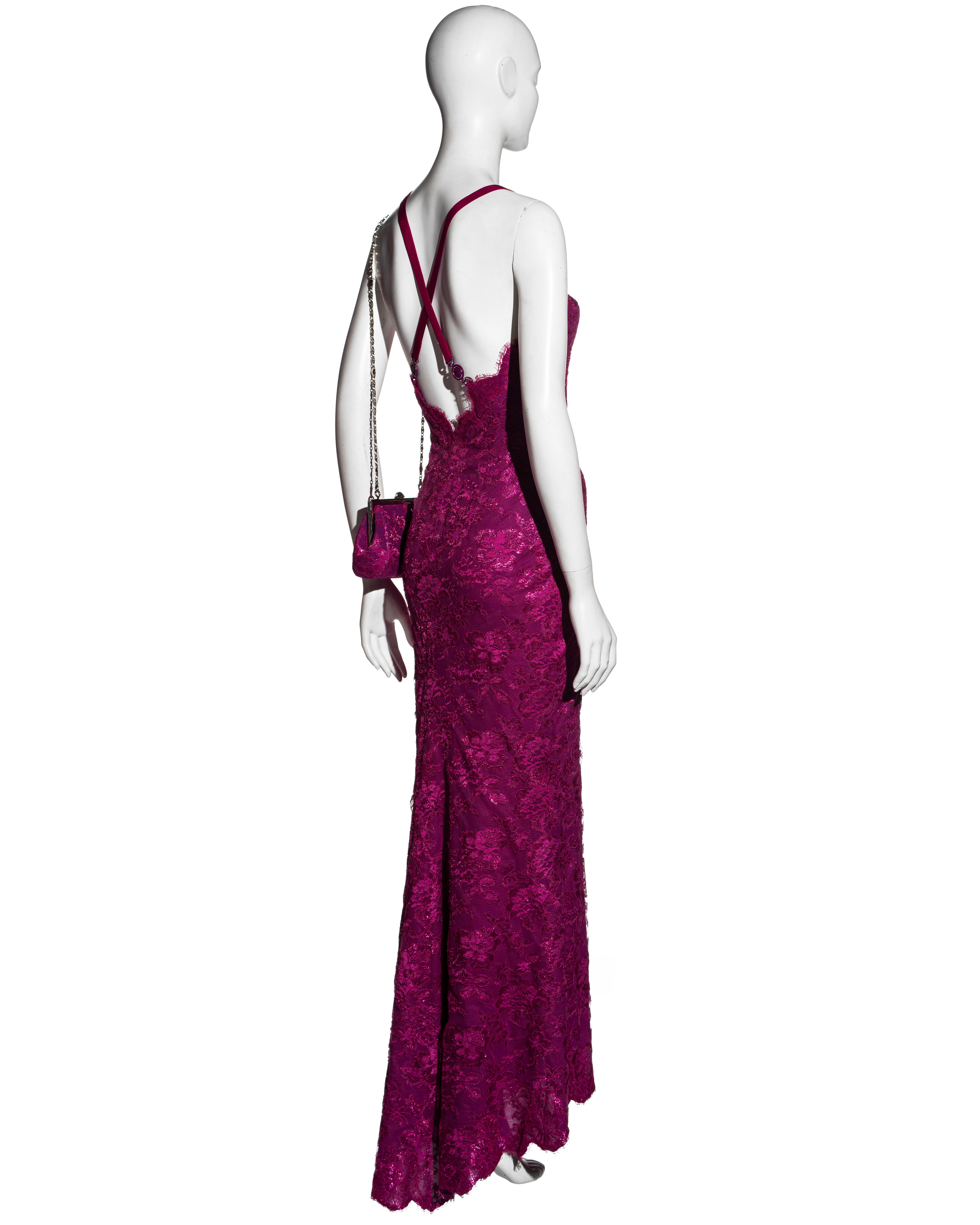 Atelier Versace Haute Couture magenta pink lace evening dress and purse, ss 1996 3