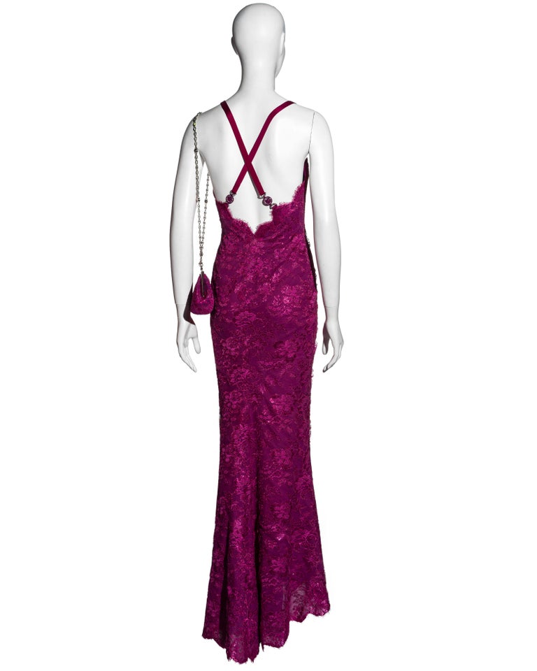 Atelier Versace Haute Couture magenta pink lace evening dress and purse, ss 1996 For Sale at