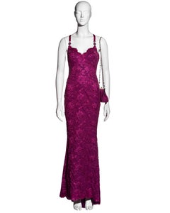 Atelier Versace Haute Couture magenta pink lace evening dress and purse, ss 1996