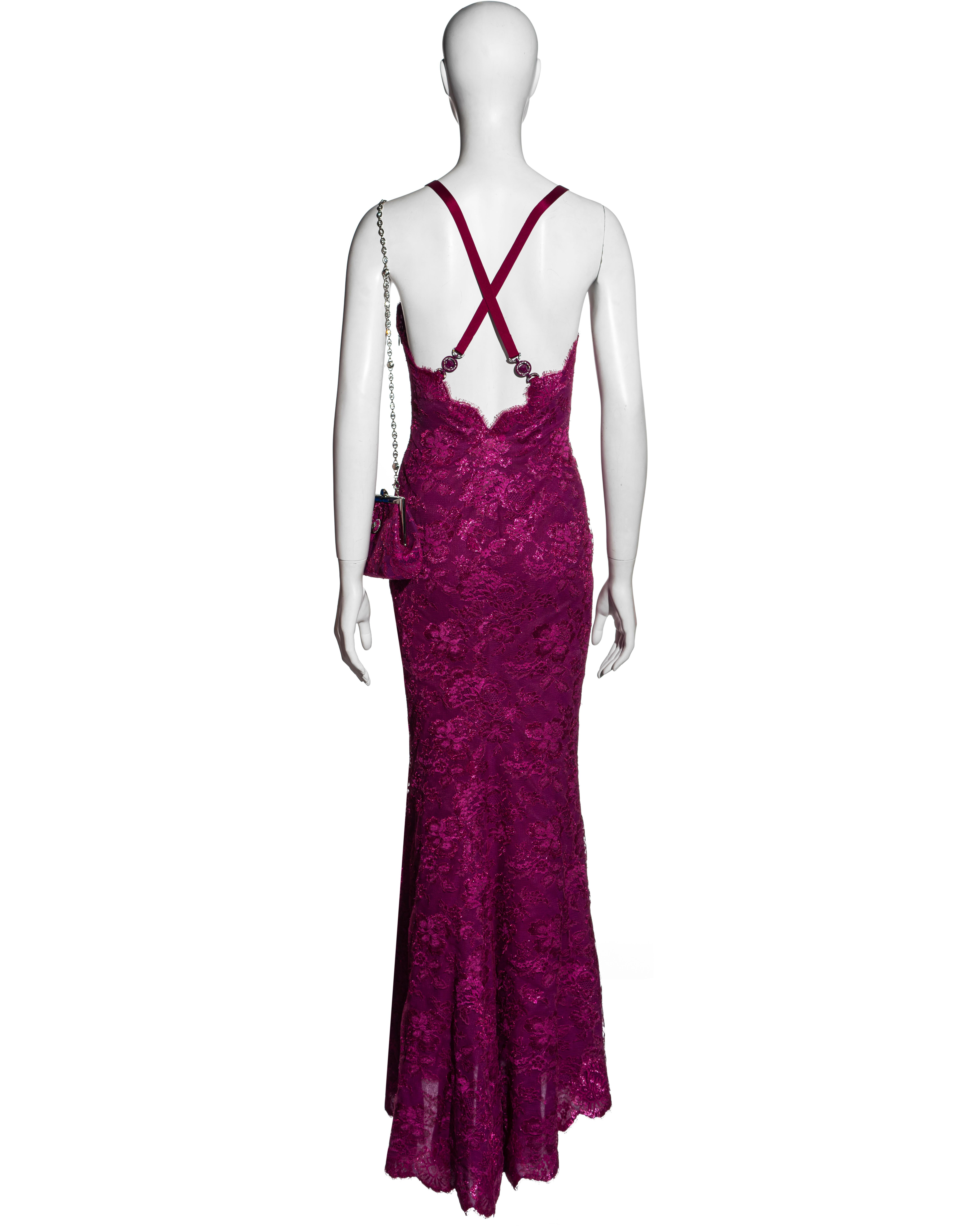 Pink Atelier Versace Haute Couture magenta pink lace evening dress and purse, ss 1996