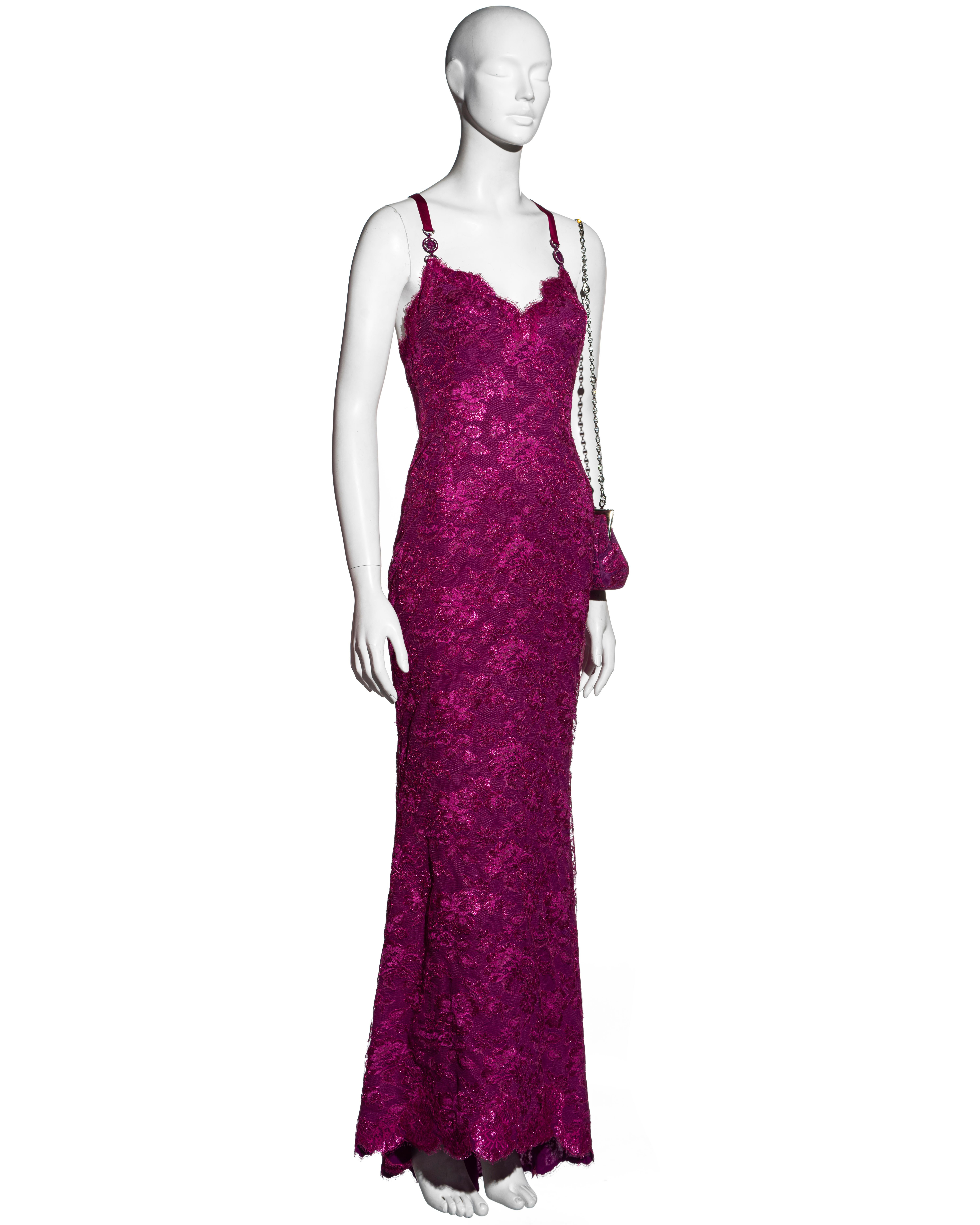 Atelier Versace Haute Couture magenta pink lace evening dress and purse, ss 1996 In Excellent Condition In London, GB