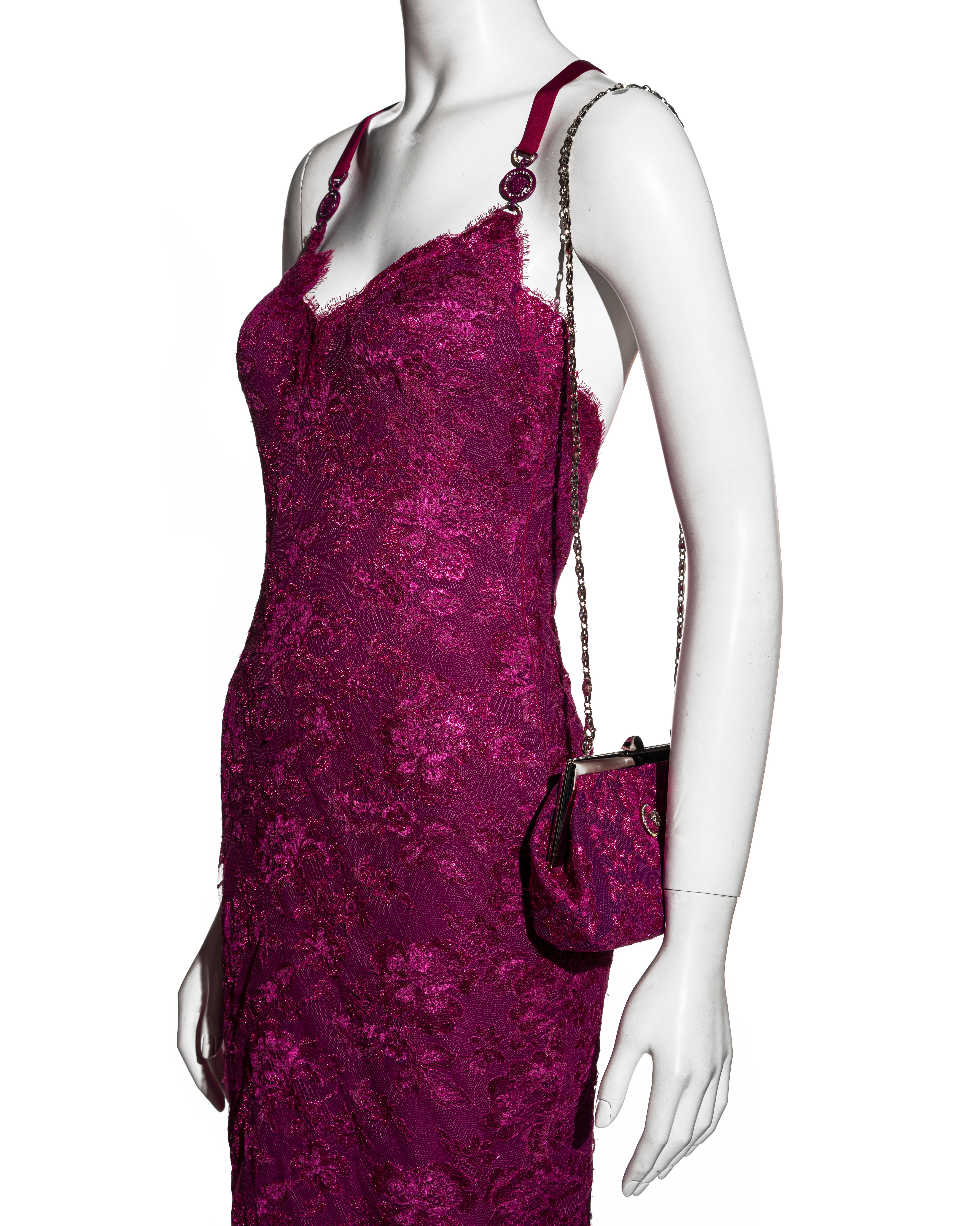 Women's Atelier Versace Haute Couture magenta pink lace evening dress and purse, ss 1996