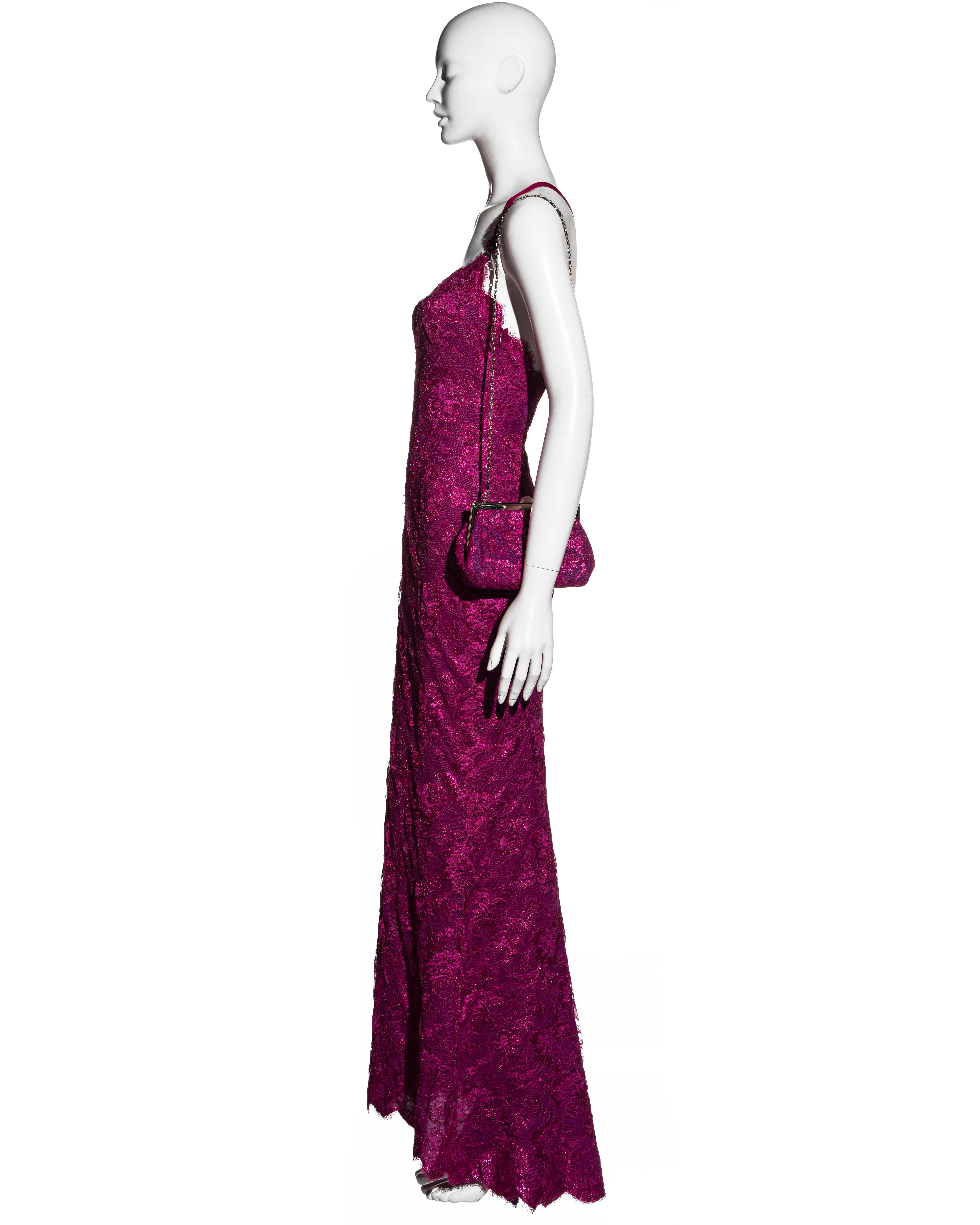 Atelier Versace Haute Couture magenta pink lace evening dress and purse, ss 1996 1