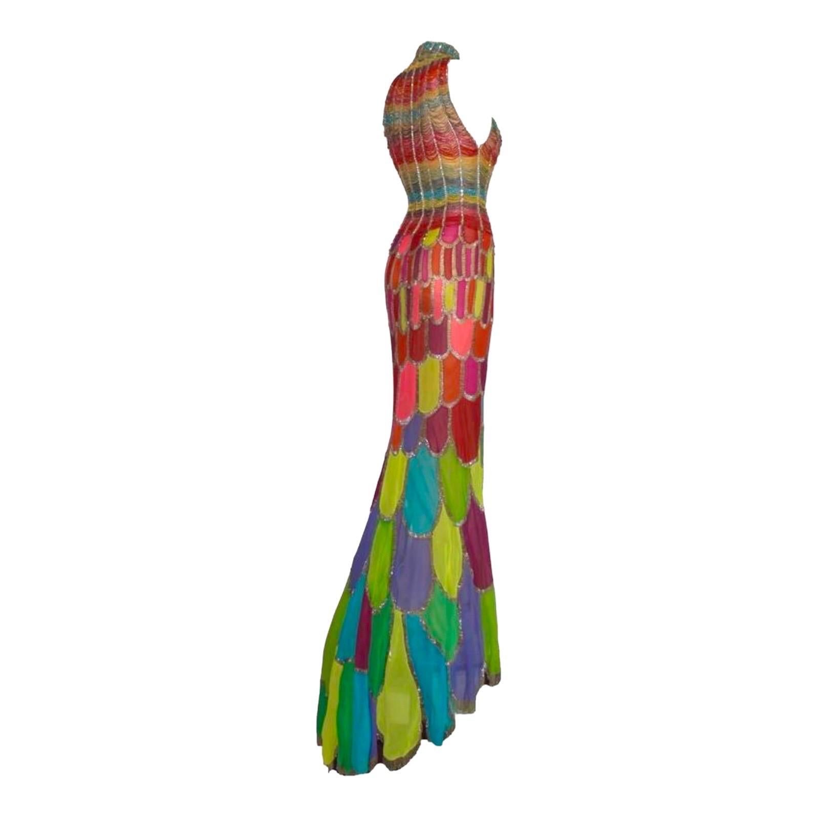 Marron ATELIER VERSACE Robe de soirée haute couture perlée multicolore sirène et talons 39 en vente