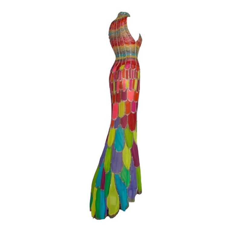 ATELIER VERSACE Multicolour Beaded Evening Mermaid Haute Couture Gown and Heels 39 For Sale at