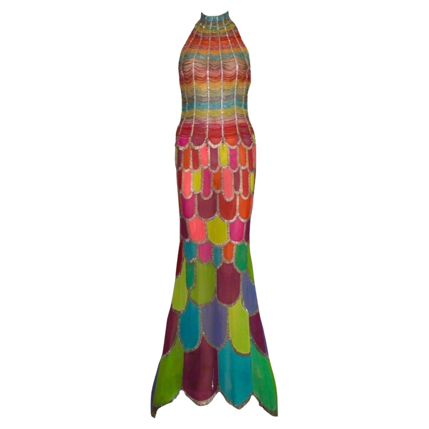 ATELIER VERSACE Robe de soirée haute couture perlée multicolore sirène et talons 39 en vente