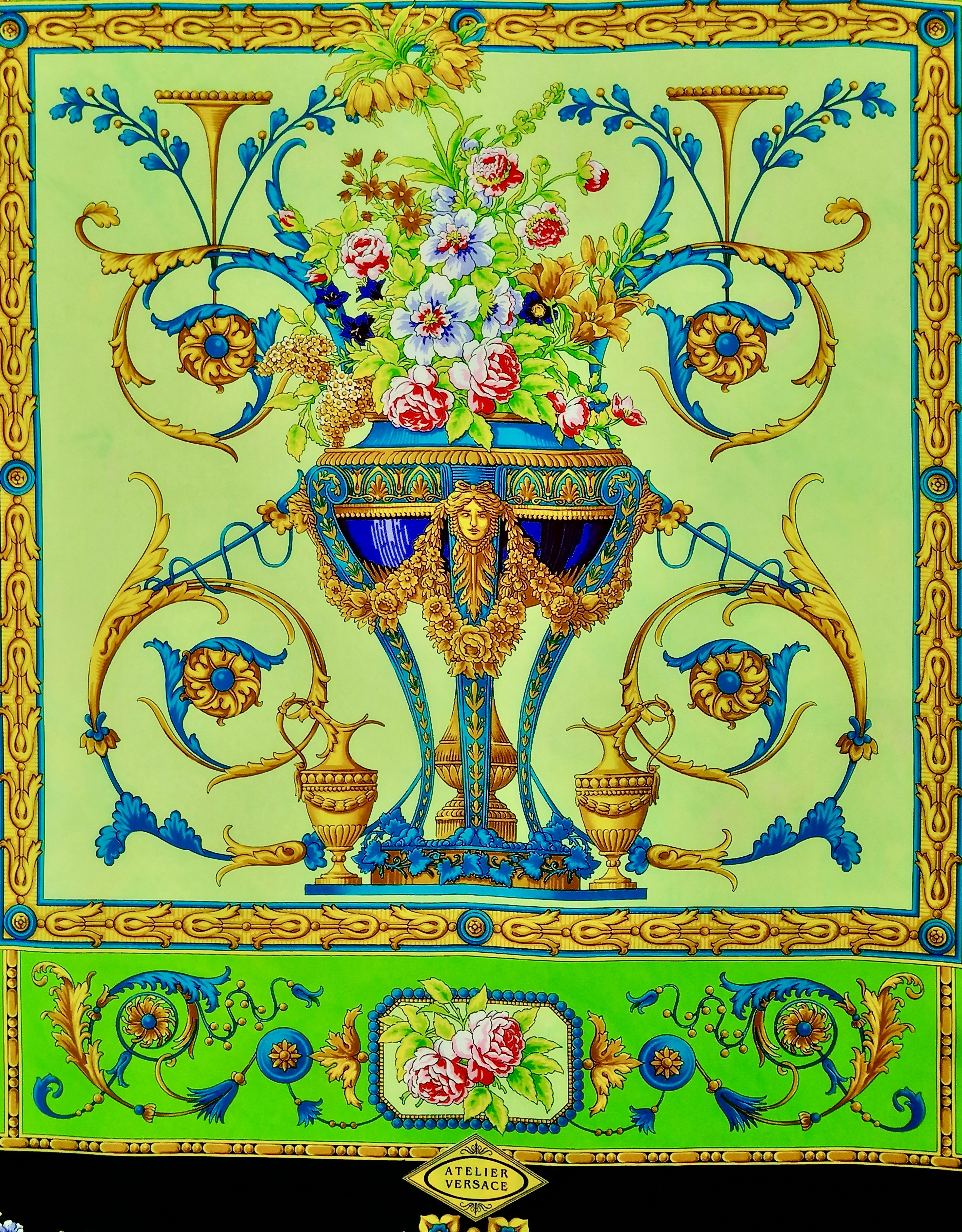 ATELIER VERSACE
Neoclassical floral triumph silk scarf 
 90s period
100% silk
Made in Italy
Hand rolled hem
Care tag
Measures:
Width   cm. 89
Height  cm. 85
Good condition
