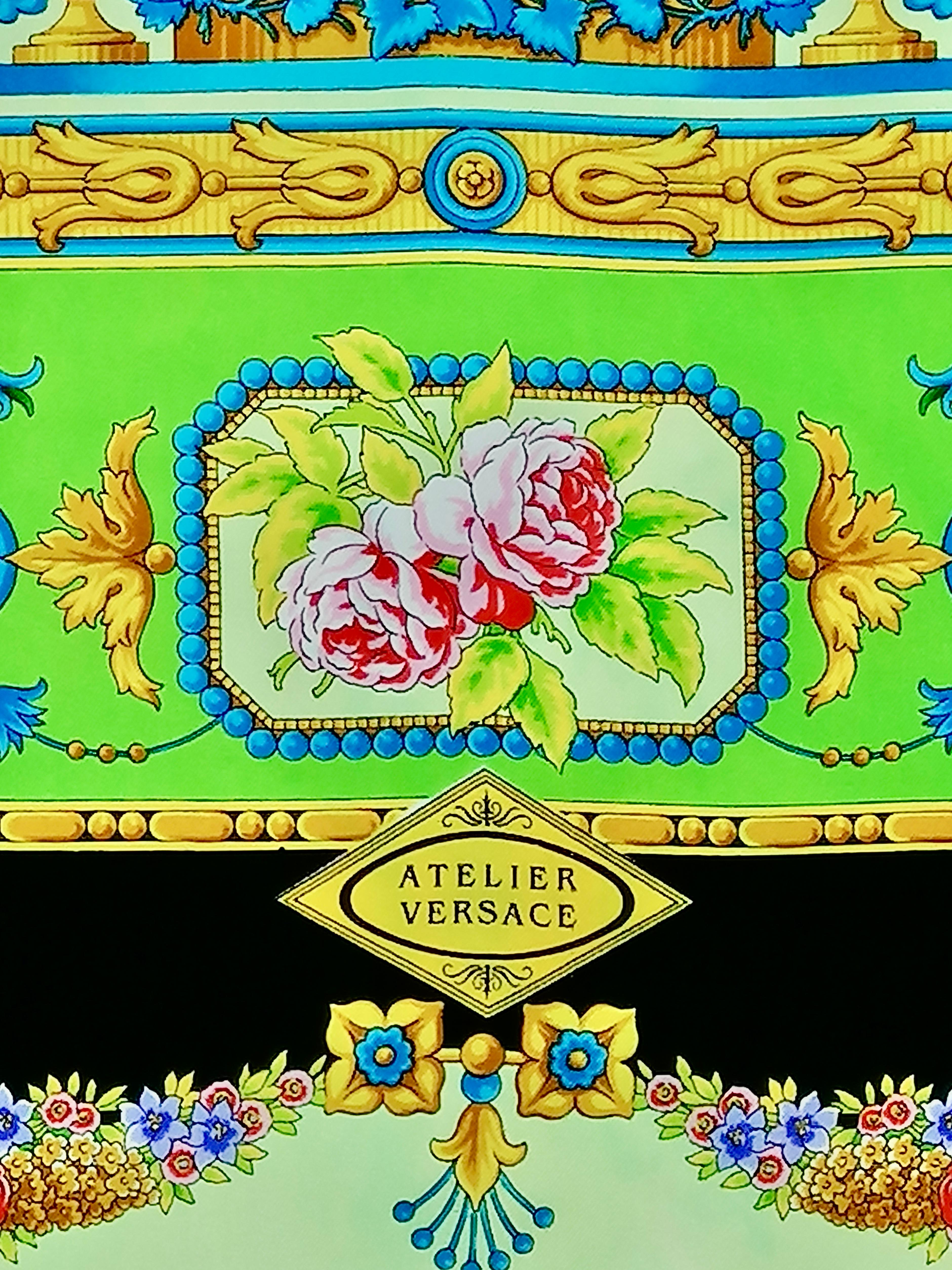 Green ATELIER VERSACE neoclassical floral triumph silk scarf For Sale