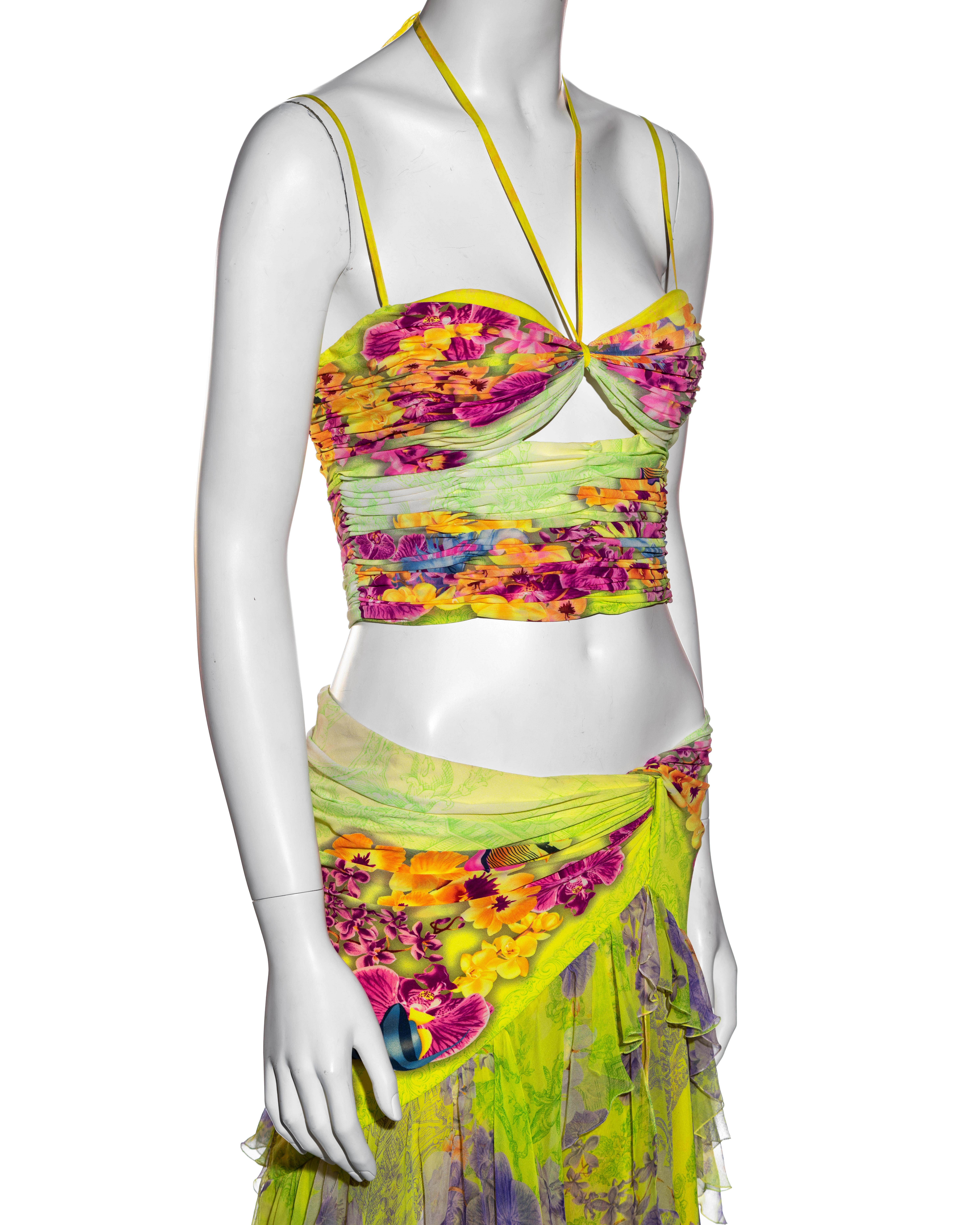 Brown Atelier Versace neon coloured silk corset and maxi skirt set, ss 2004