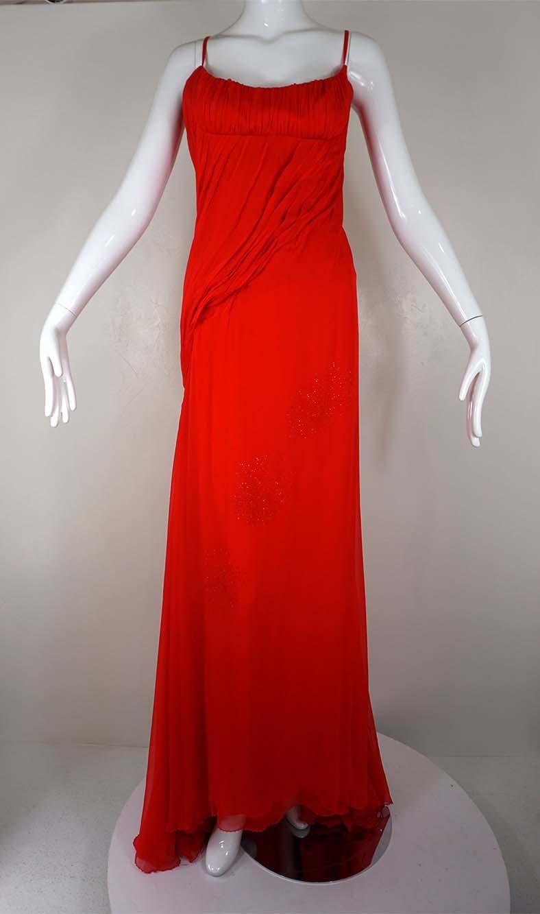 Atelier Versace Rotes Seiden-Chiffon-Kleid Patron Original im Zustand „Gut“ im Angebot in Carmel, CA