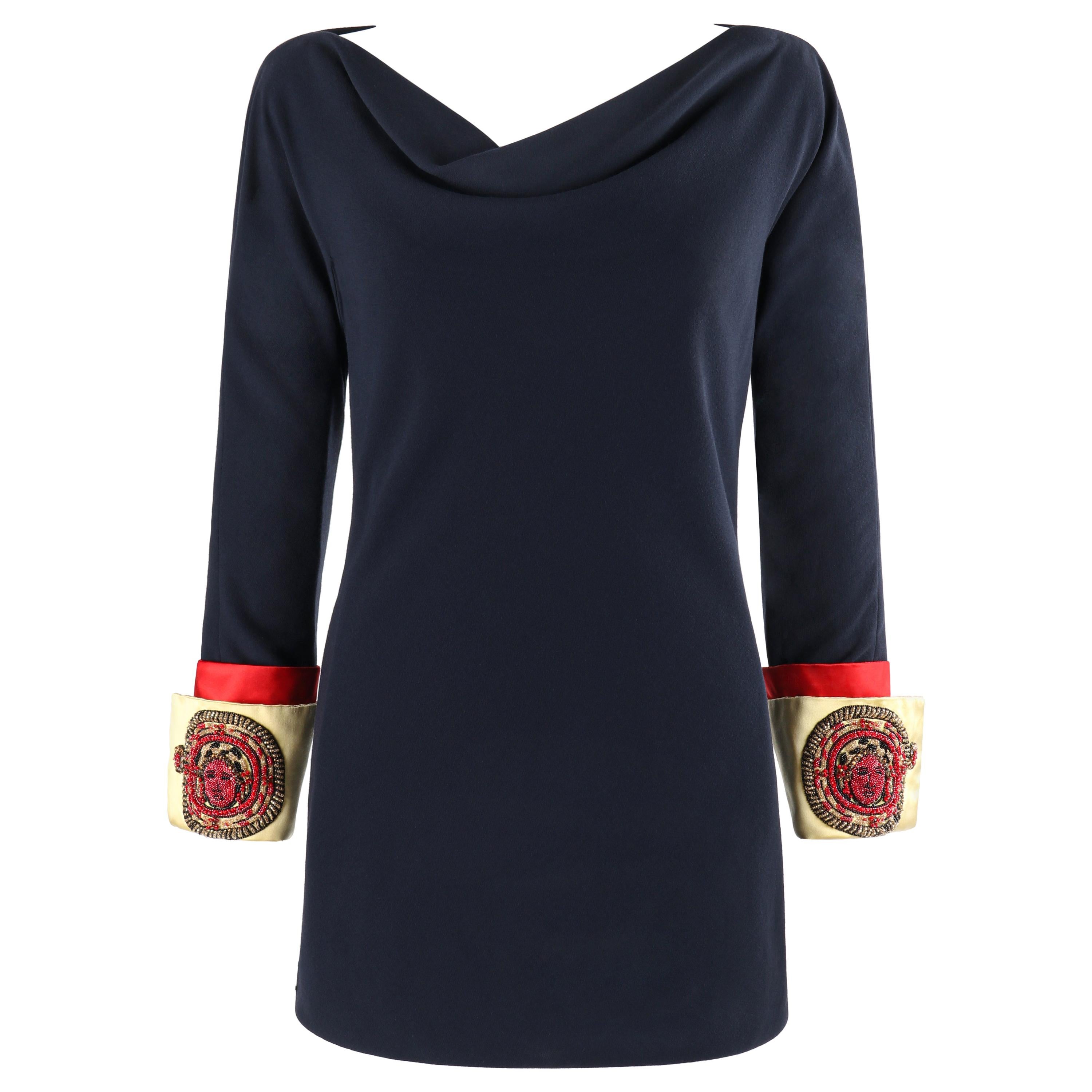 ATELIER VERSACE S/S 1990 Mini Navy Embellished Medusa Cuff Sleeve Tunic Dress