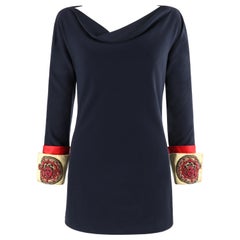 Vintage ATELIER VERSACE S/S 1990 Mini Navy Embellished Medusa Cuff Sleeve Tunic Dress