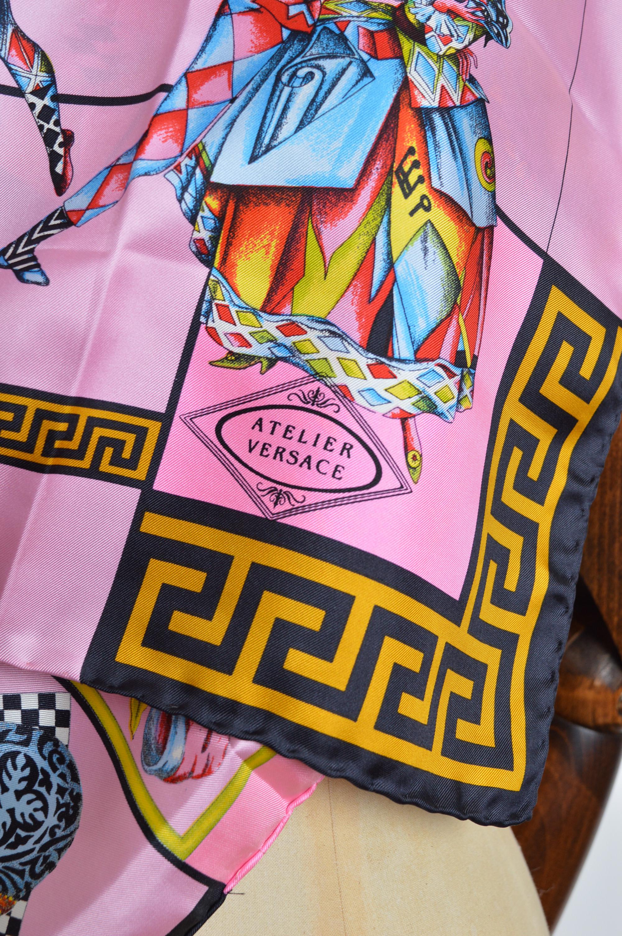 Beige ATELIER VERSACE Spring / Summer 1992 Silk Pink Harlequin Scarf - Foulard For Sale