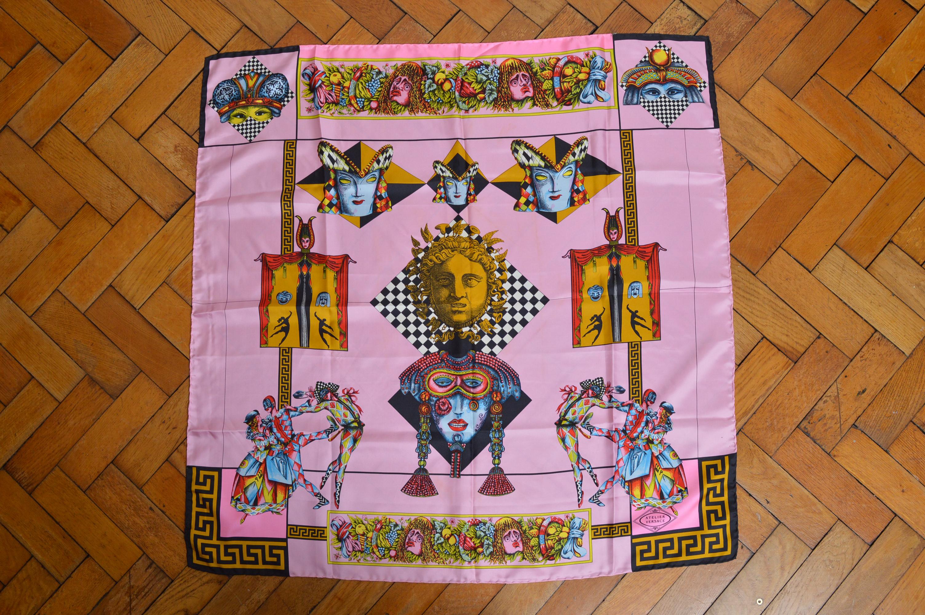Women's or Men's ATELIER VERSACE Spring / Summer 1992 Silk Pink Harlequin Scarf - Foulard For Sale