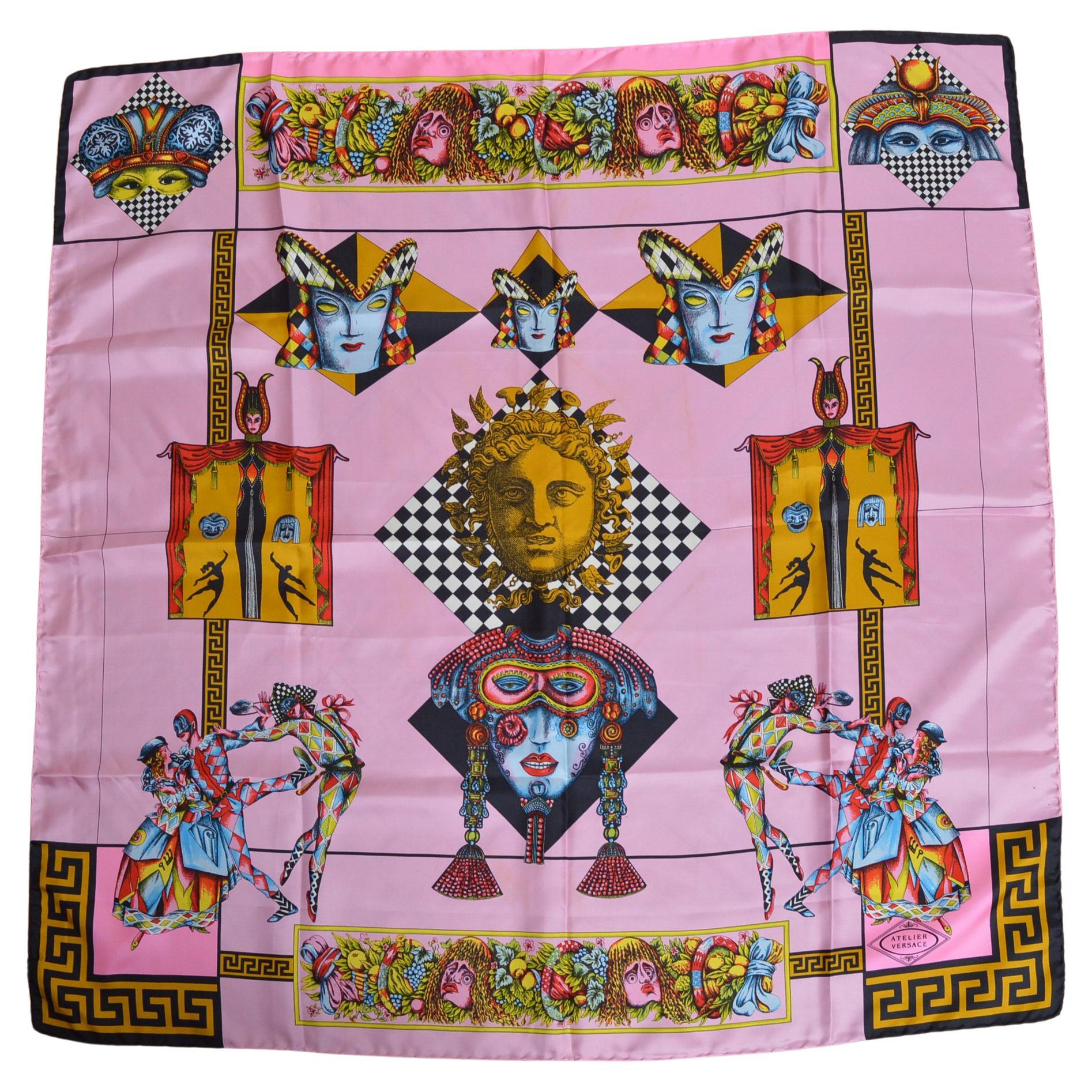 ATELIER VERSACE Spring / Summer 1992 Silk Pink Harlequin Scarf - Foulard For Sale