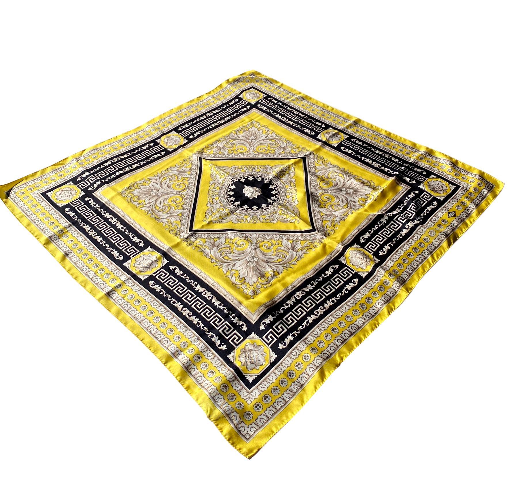 Beige Atelier Versace Yellow and Black Floral Ganymede Print Silk Twill Scarf