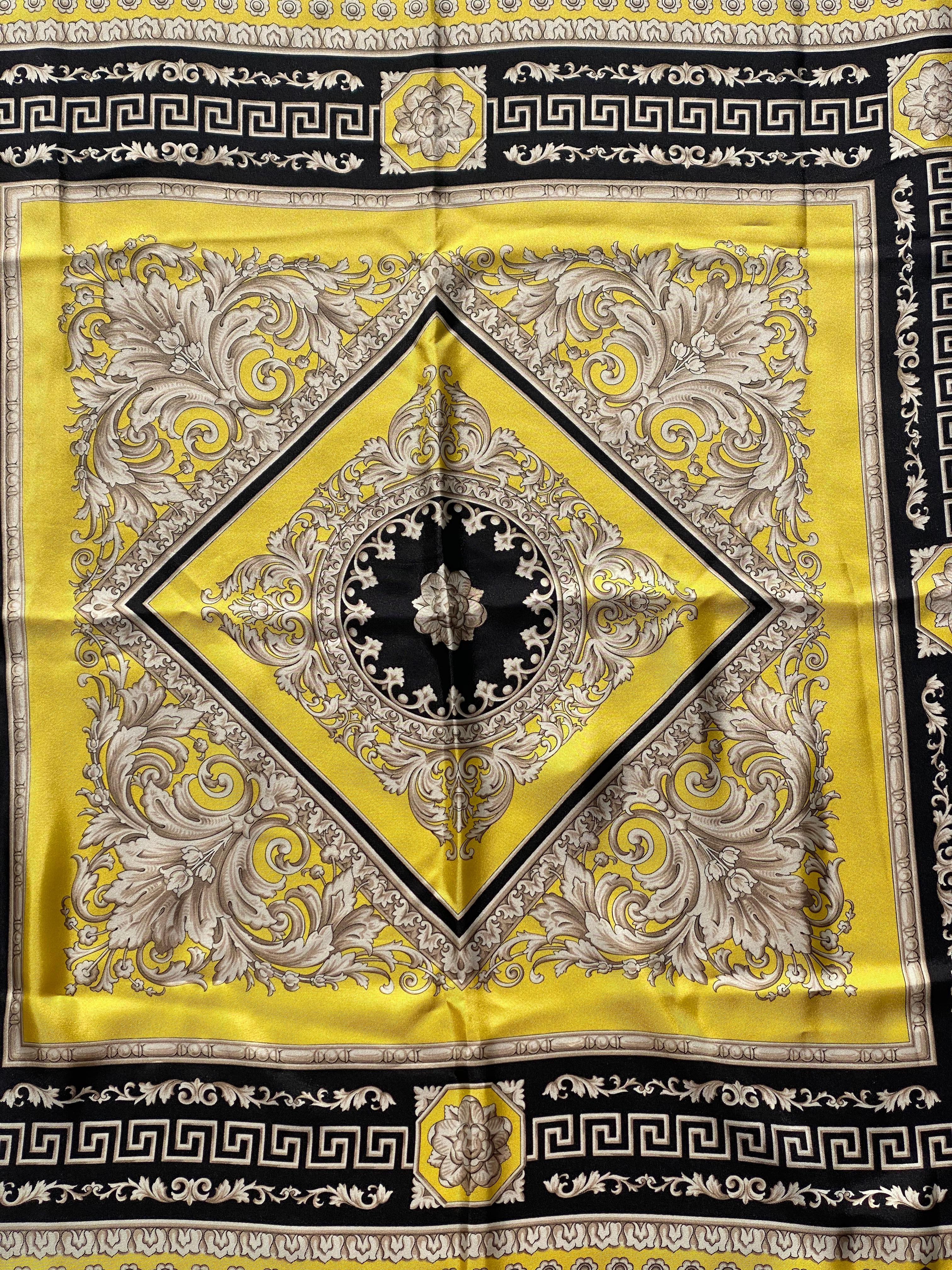 Atelier Versace Yellow and Black Floral Ganymede Print Silk Twill Scarf In Good Condition In Banner Elk, NC