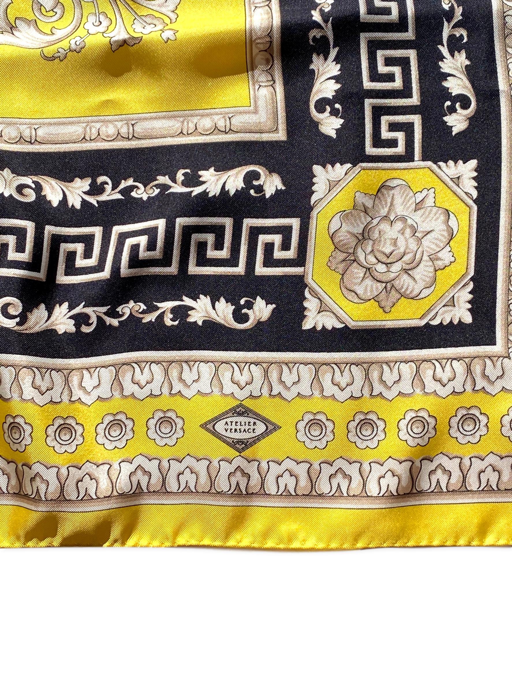 Women's or Men's Atelier Versace Yellow and Black Floral Ganymede Print Silk Twill Scarf