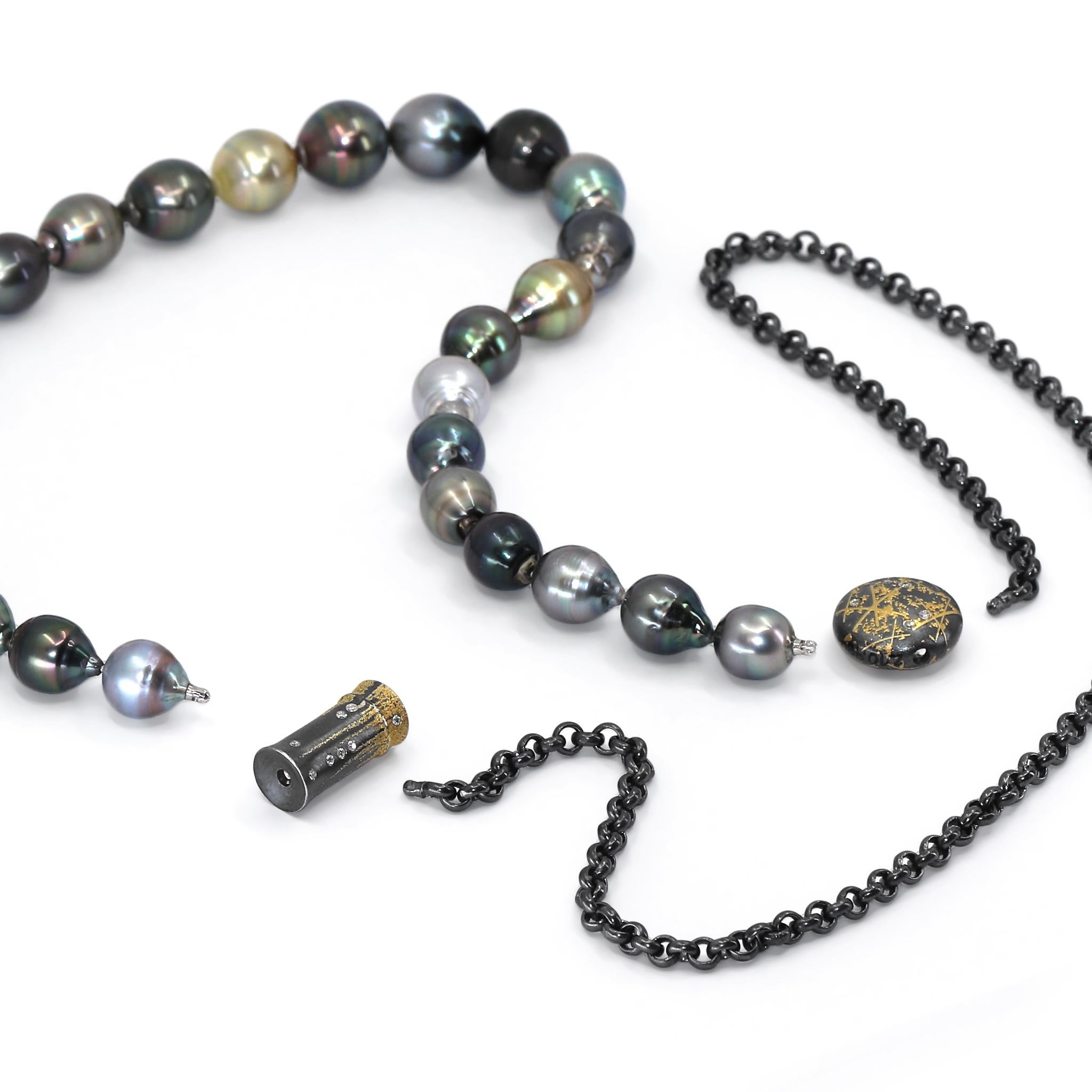 One of a Kind Necklace handcrafted in Germany by renowned, award-winning jewellery maker Peter Schmid of Atelier Zobel, featuring a stunning 16 inch strand of multicolored Tahitian and South Sea baroque pearls connected to an 18 inch black