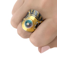 Bi-color Watermelon Tourmaline White Diamond Gold Oxidized Silver Ring, Zobel
