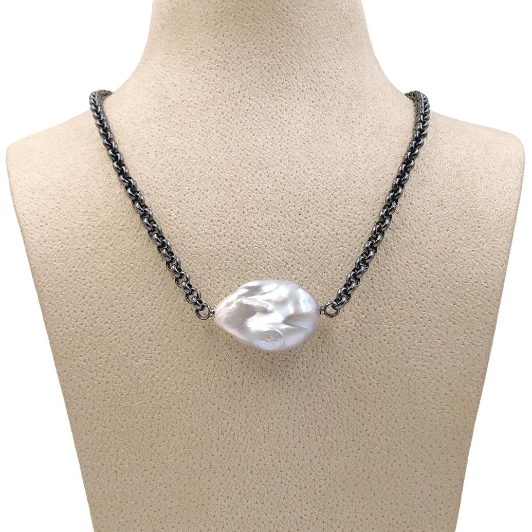 One of a Kind Necklace by acclaimed German jewelry artist Atelier Zobel - Peter Schmid, featuring an exceptional quality, highly iridescent 30.5mm x 22mm x 13mm baroque freshwater pearl set on each side with invisible 18k white gold vario clasp
