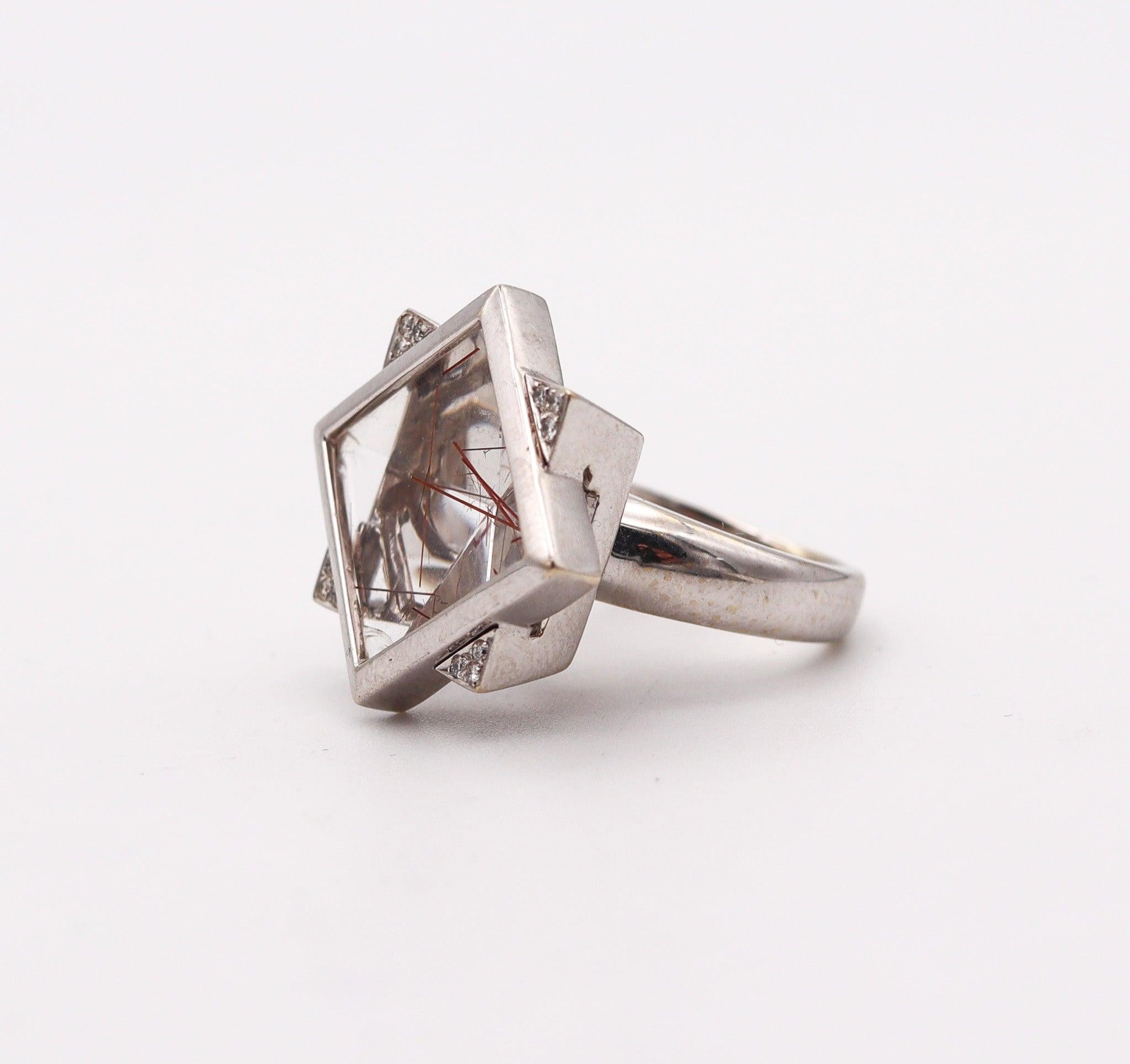 Brilliant Cut ATELIER ZOBEL Modernist Geometric Ring In 18Kt Gold With Rutile Quartz Diamonds For Sale