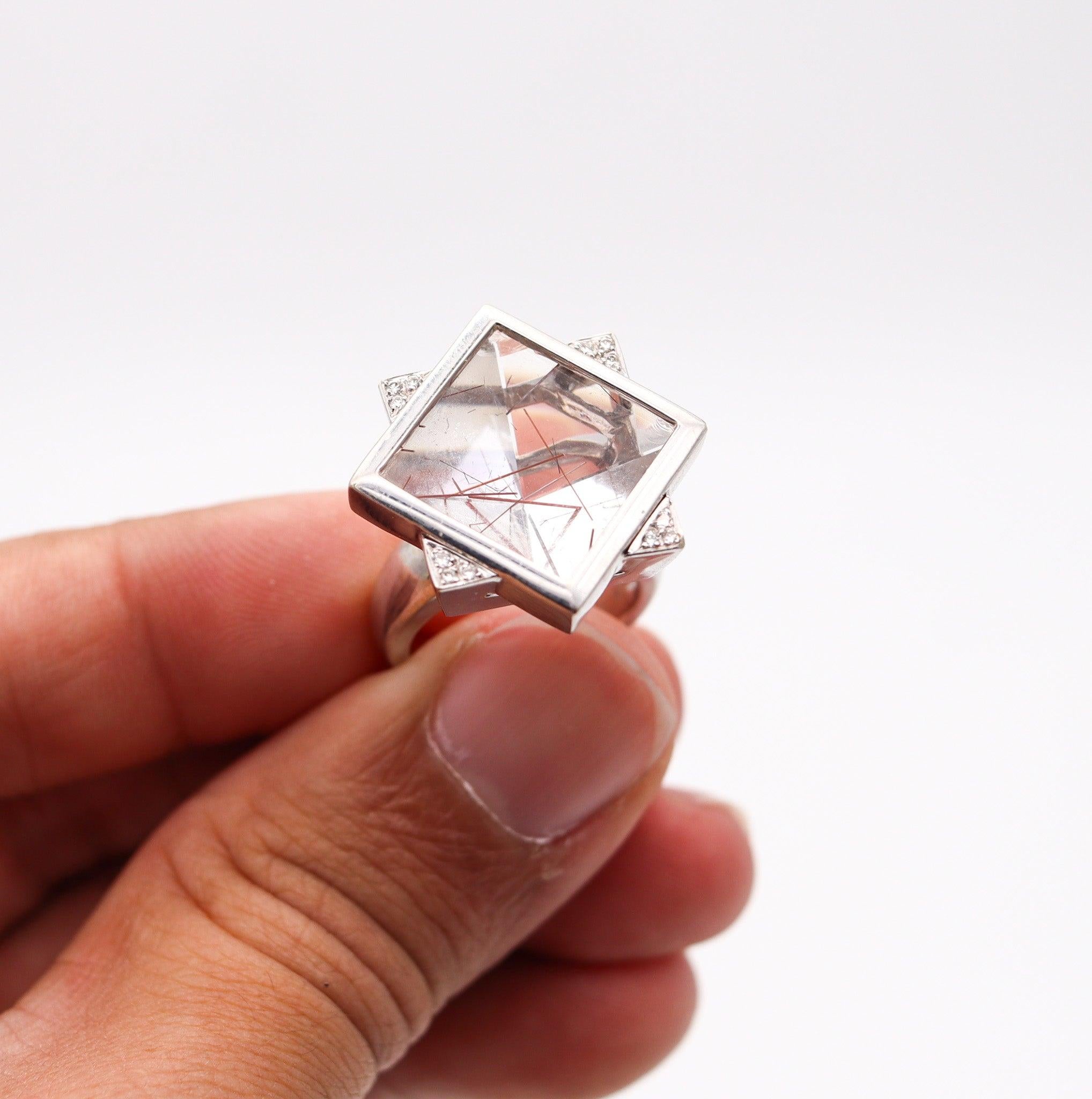 ATELIER ZOBEL Modernist Geometric Ring In 18Kt Gold With Rutile Quartz Diamonds For Sale 2