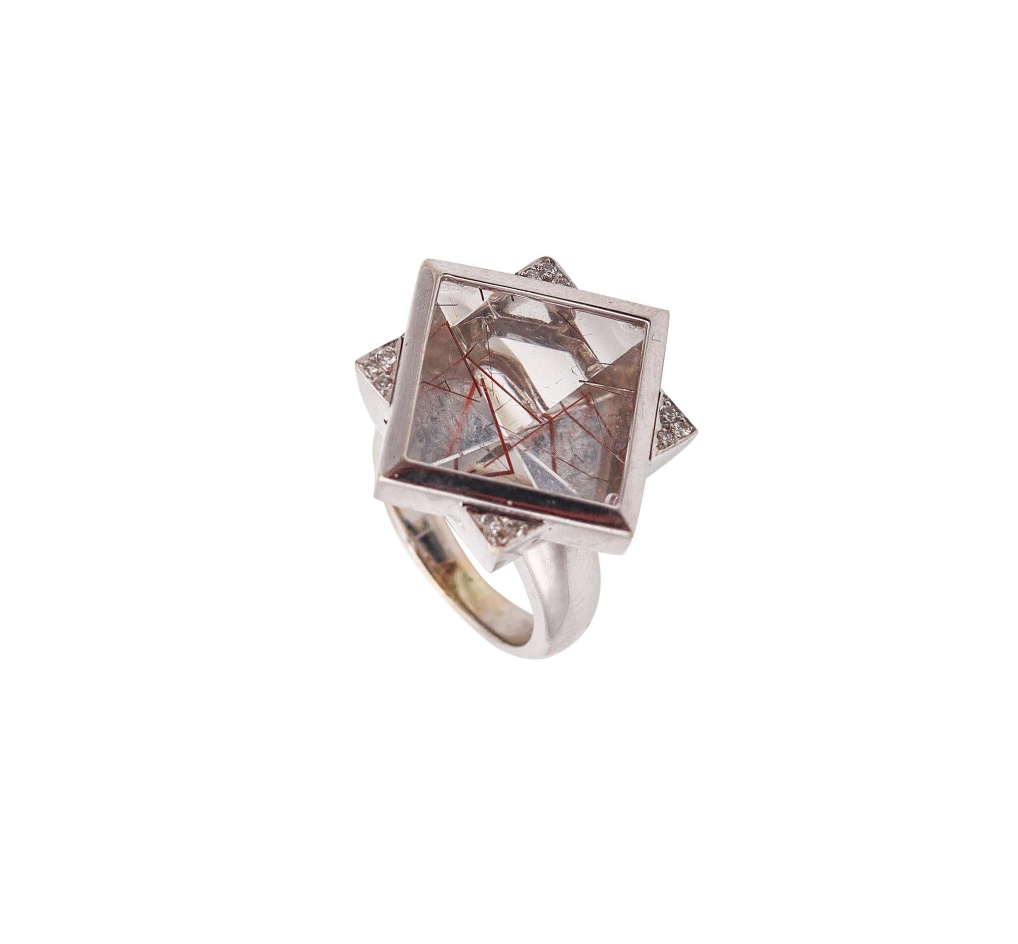 ATELIER ZOBEL Modernist Geometric Ring In 18Kt Gold With Rutile Quartz Diamonds For Sale 3