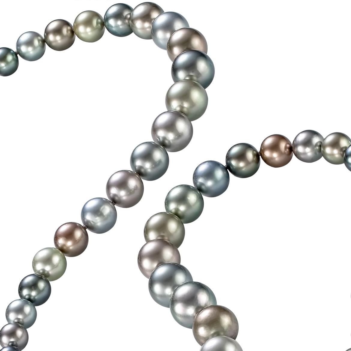 One of a Kind Necklace handcrafted in Germany by award winning jewellery maker Atelier Zobel (Peter Schmid), showcasing a spectacular strand of 53 exceptional multicolored Tahitian pearls ranging from 8.5 to 14 millimeters. The strand seamlessly