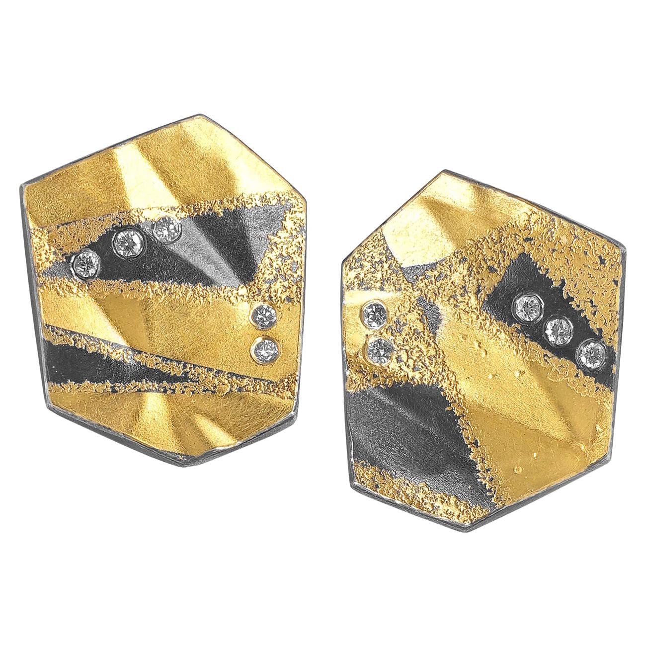 Atelier Zobel White Diamond Folded Gold Oxidized Silver Post Clip Stud Earrings