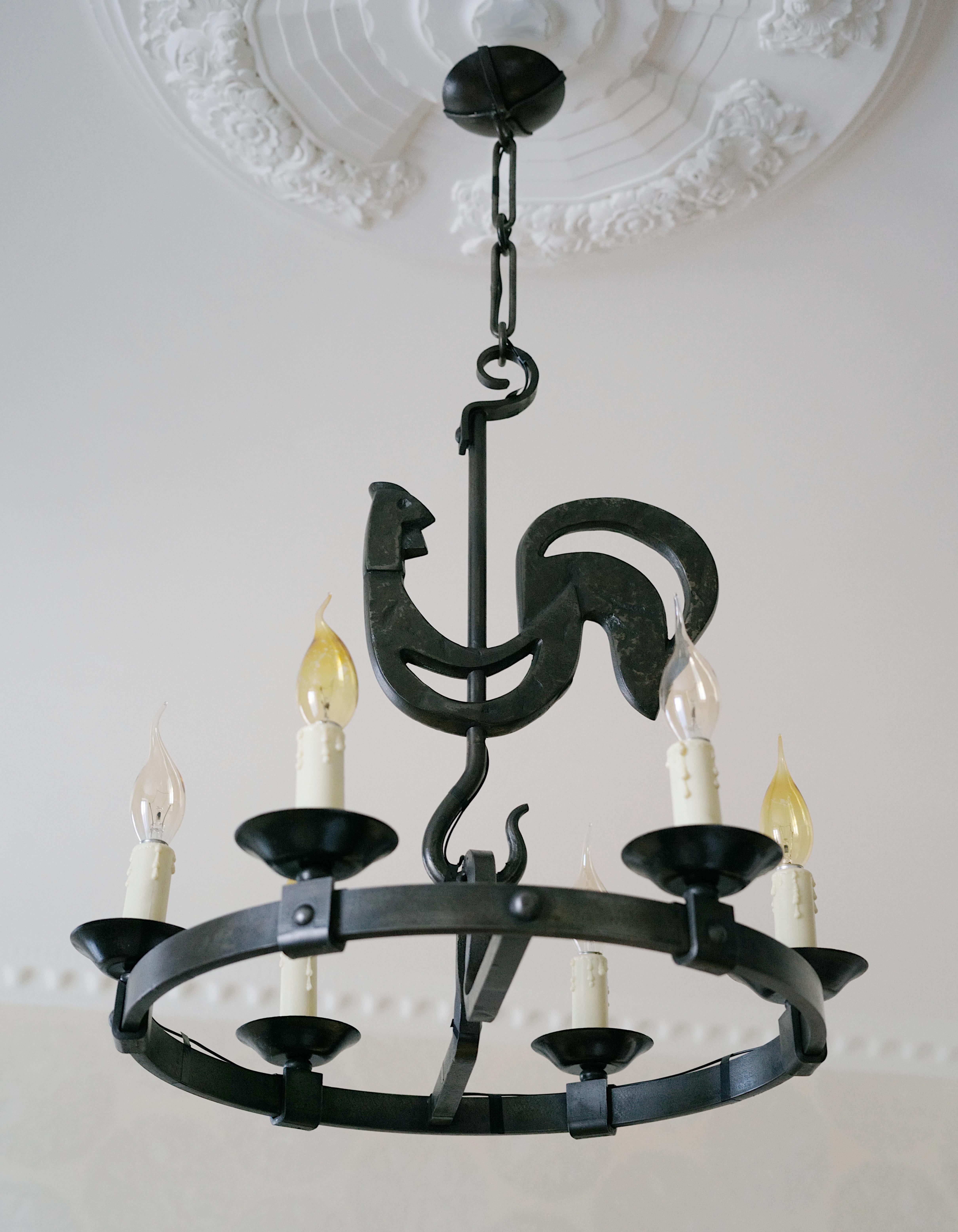 Ateliers de Marolles, Jean Touret, Midcentury Wrought-iron Chandelier,  ca.1950 For Sale 2