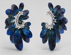 AtelierX Exclusive Blue Feather and D-Color Diamond Clip-On Earrings