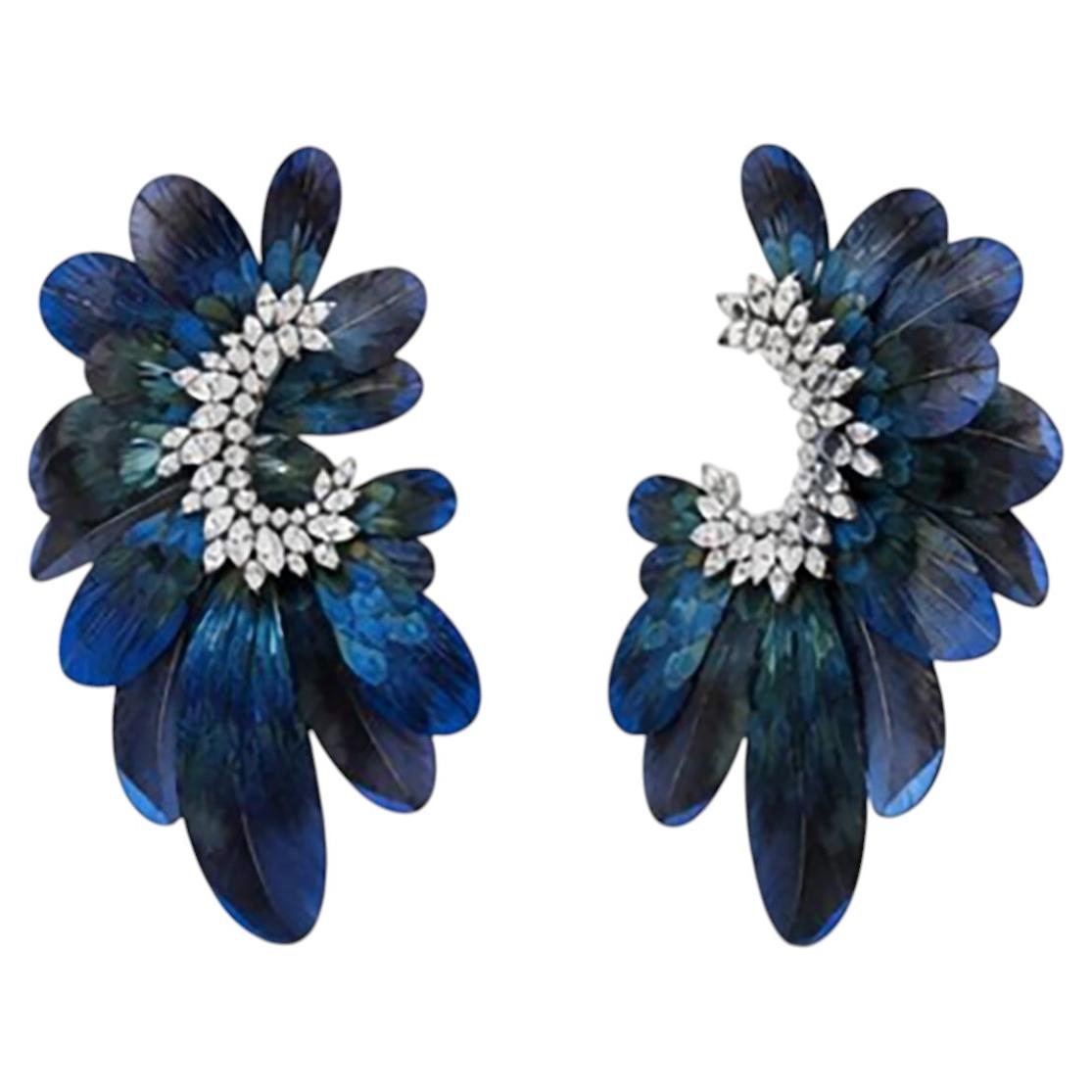 AtelierX – Exklusive Clip-Ohrringe mit blauen Federn und Diamanten in D-Farbe