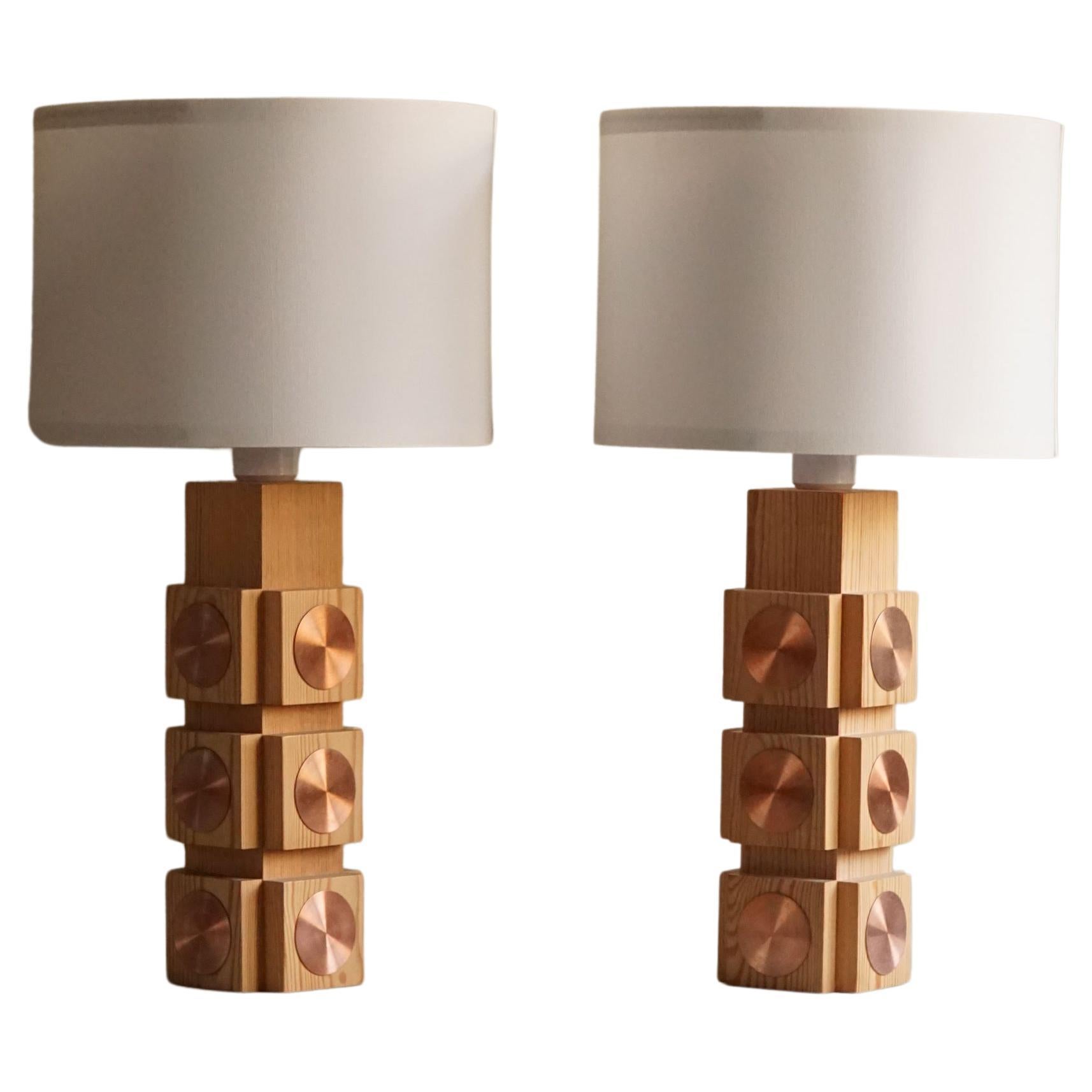 Ateljé Lyktan, A Pair of Swedish Modern Table Lamps in Pine and Copper, 1960s